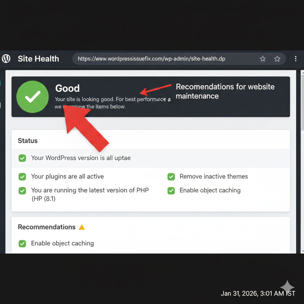 A screenshot of the WordPress Site Health dashboard