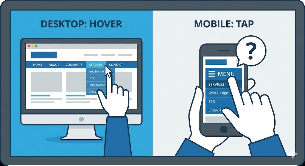 A split graphic. Left side shows a mouse cursor hovering over a menu