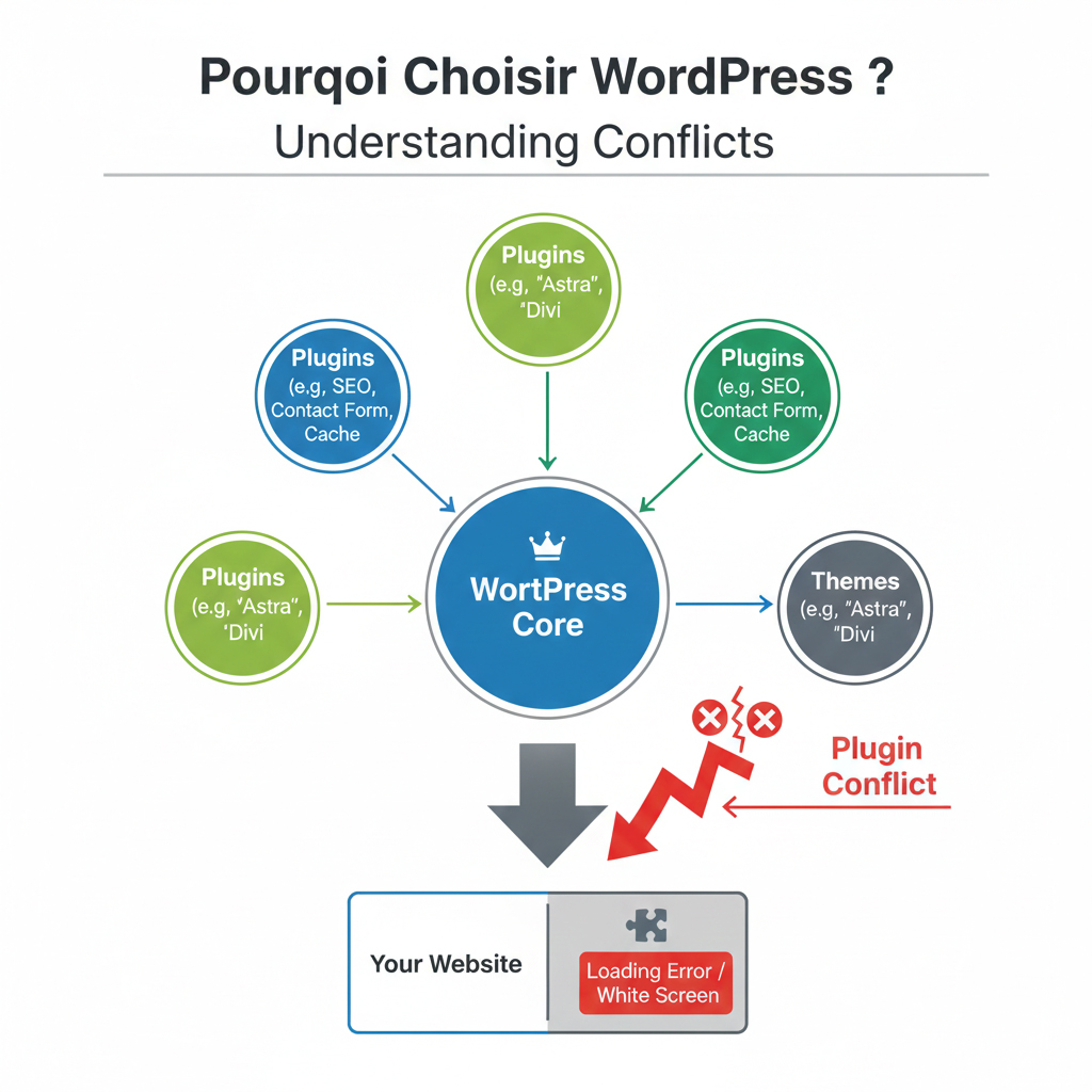 Diagram explaining pourquoi choisir WordPress and how plugin conflicts can cause loading errors