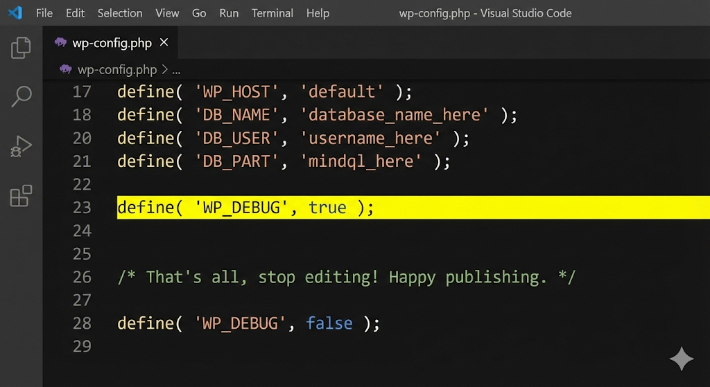 Editing wp-config.php to enable debug mode in WordPress