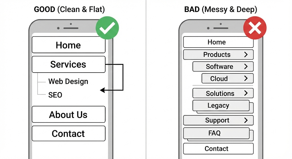 To illustrate a clean vs. messy mobile menu
