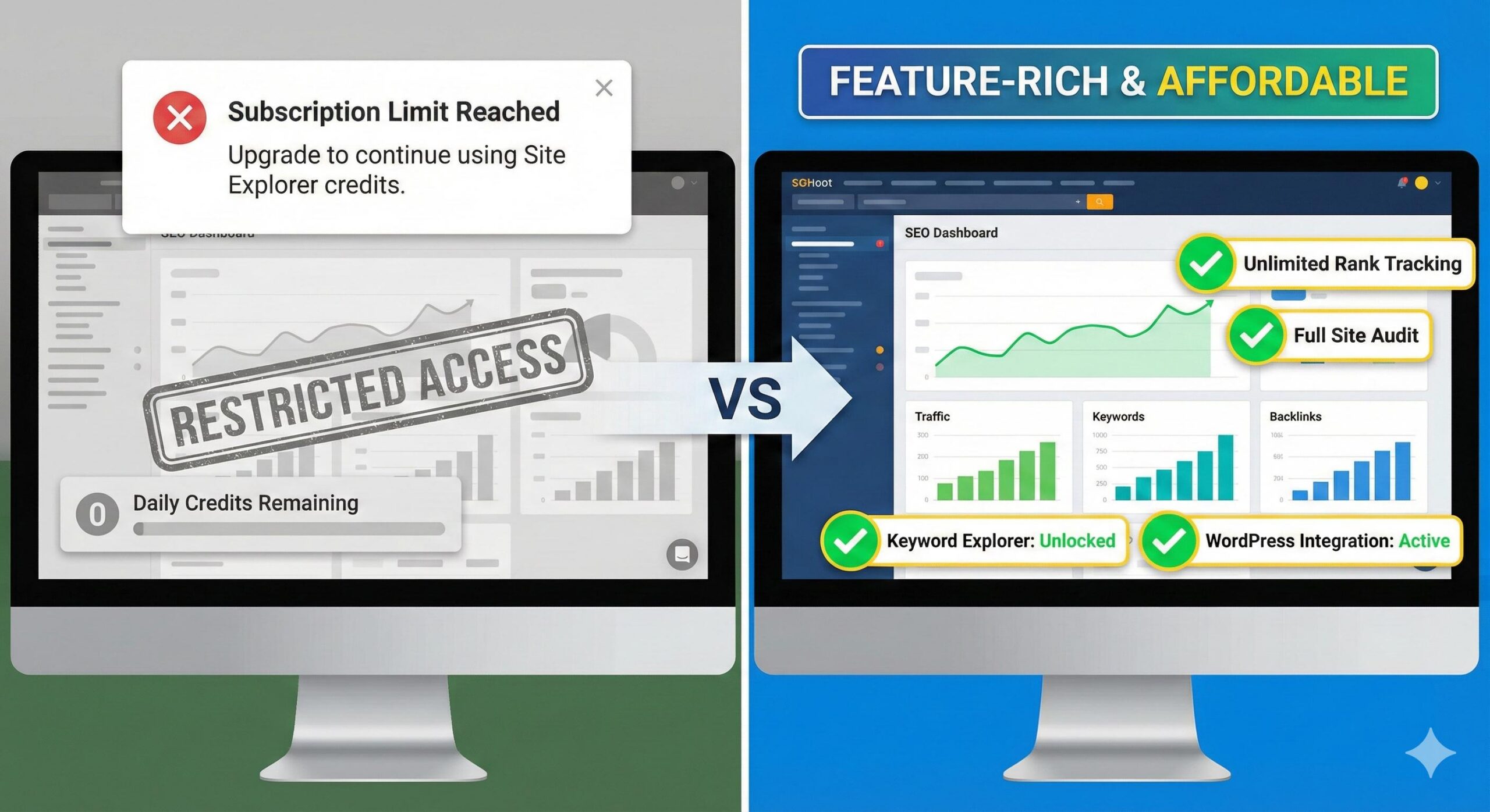 A comparison between restricted Ahrefs usage and a feature-rich affordable SEO alternative for WordPress bloggers.