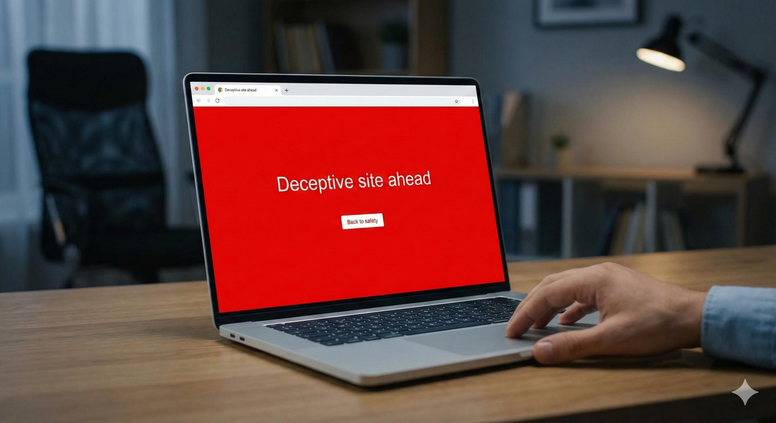 A laptop screen displaying the bright red Google Chrome _Deceptive site ahead_ warning block, indicating a WordPress domain flagged as a computer virus site.