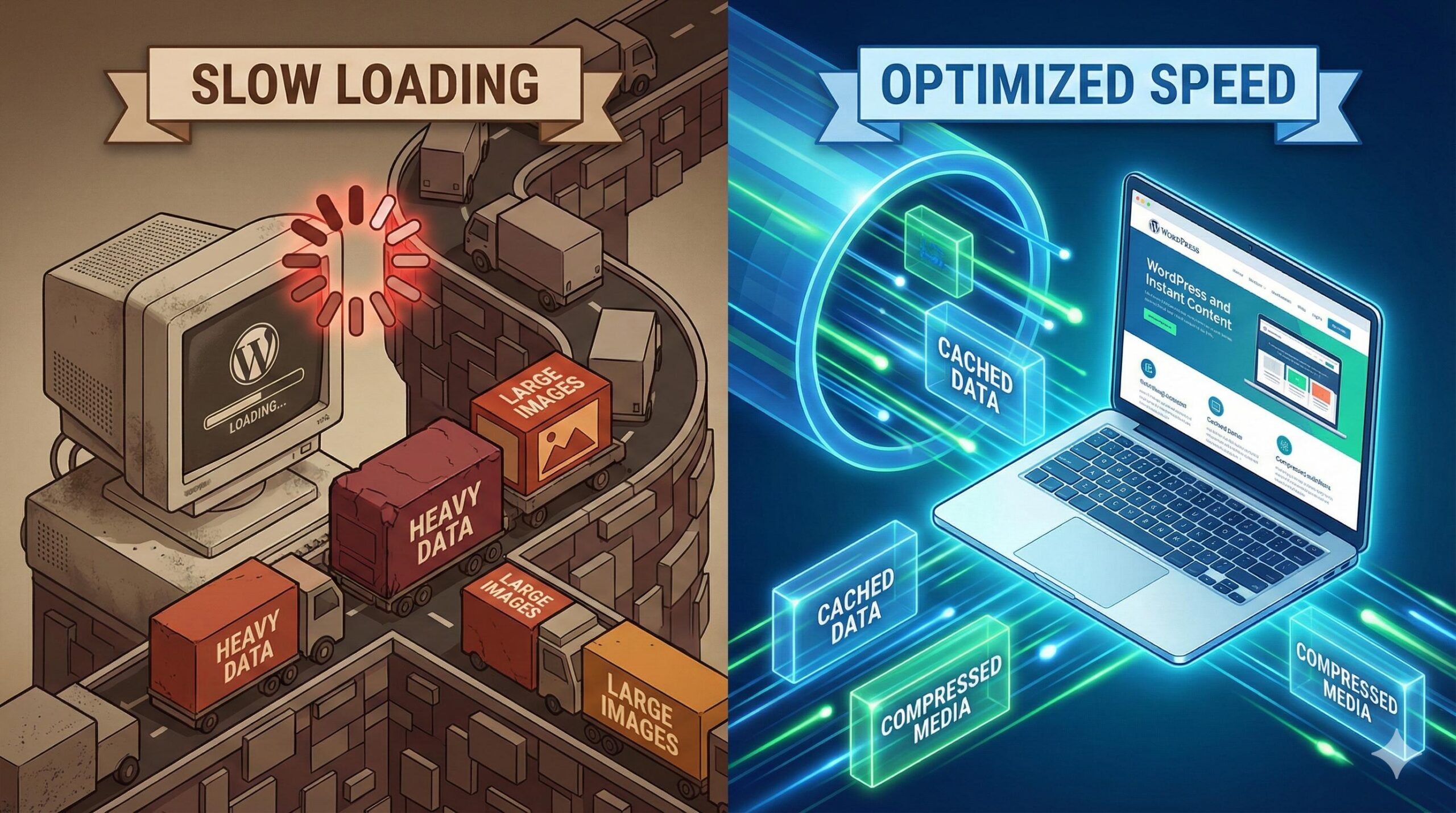 Before and after illustration showing slow versus optimized WordPress page speed.