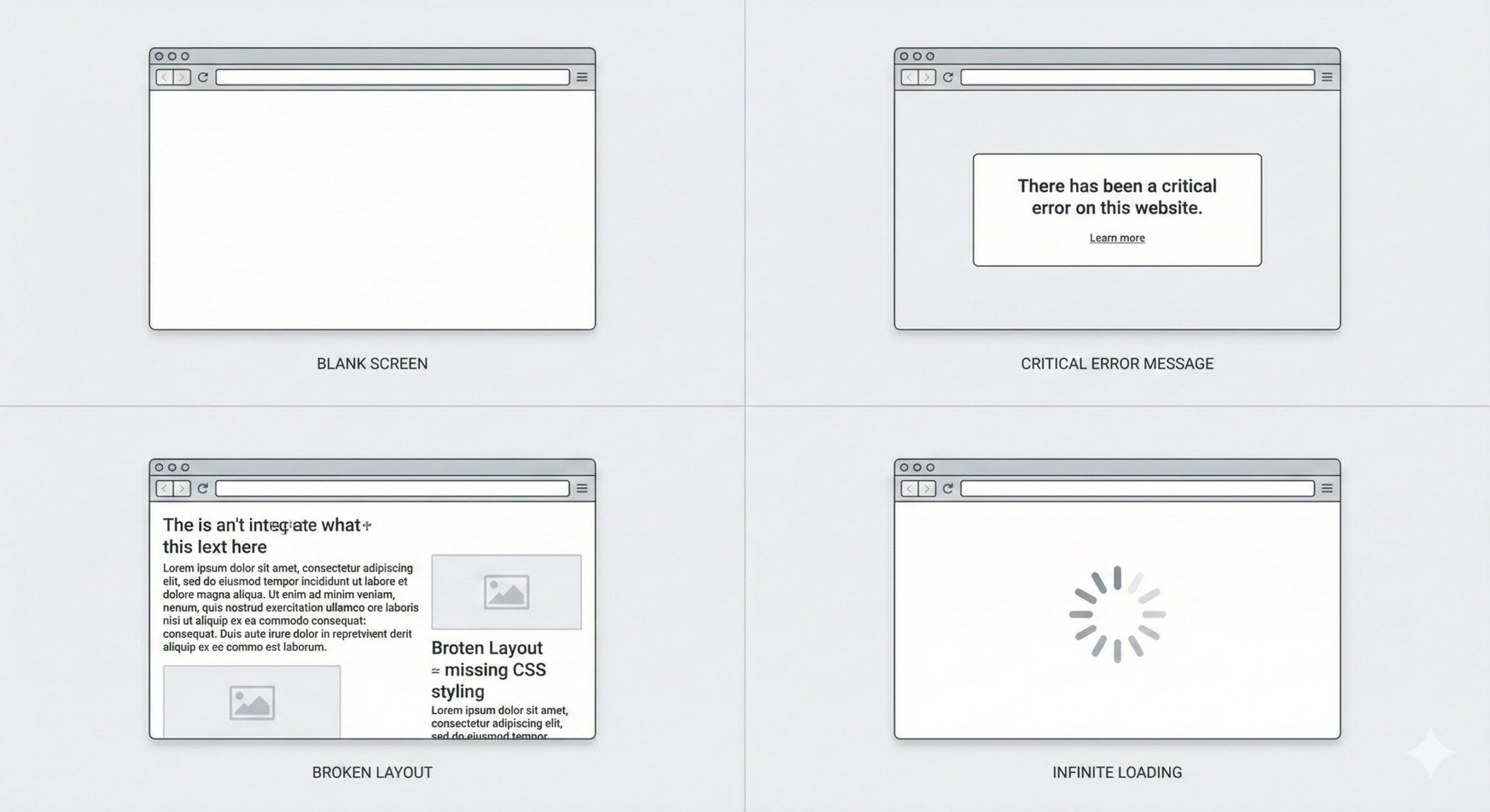 Collage of common WordPress errors including white screen of death, critical error message, infinite loading, and broken layout