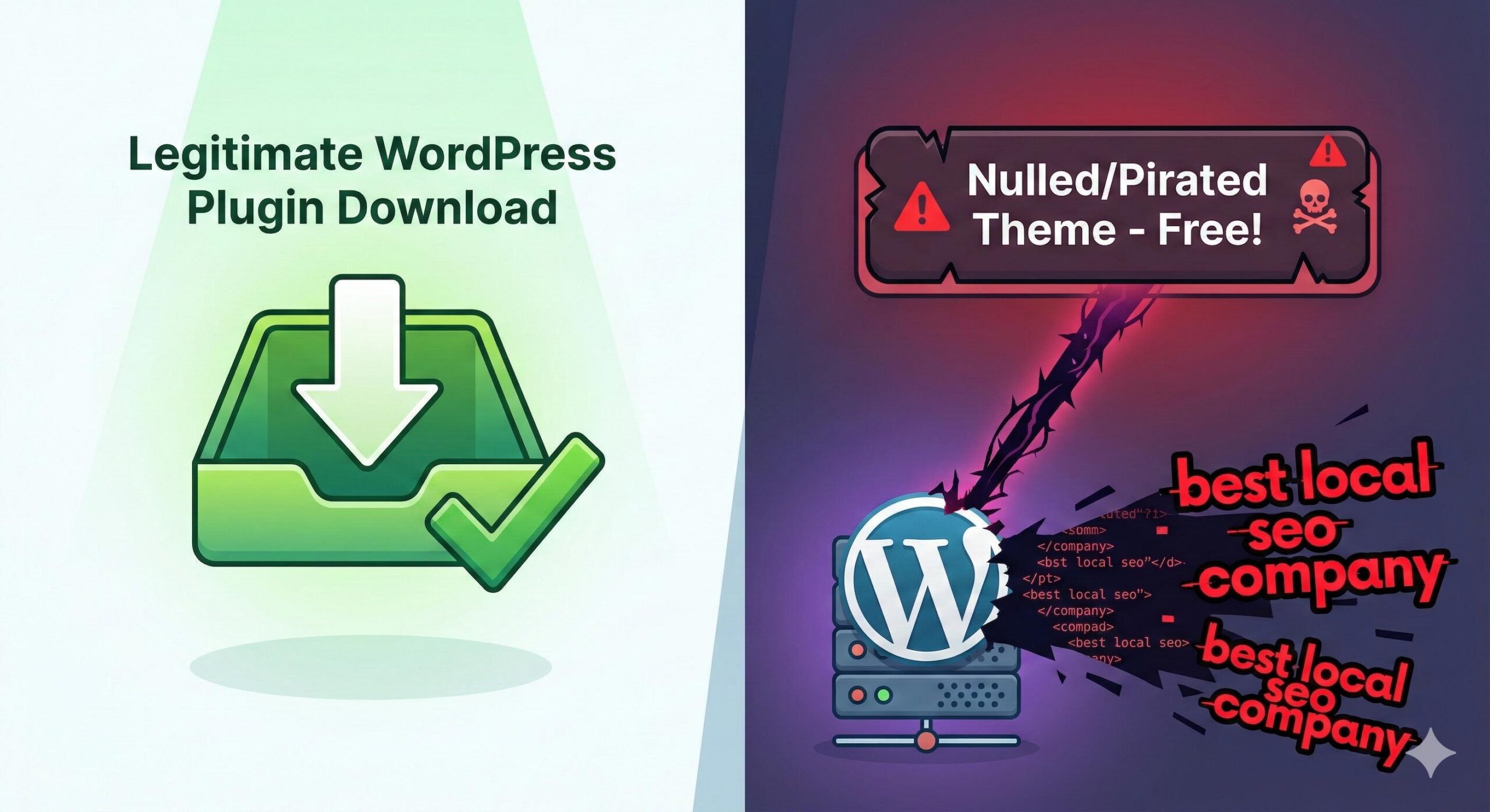 Contrast between safe WordPress plugin downloads and dangerous 'nulled' theme files.