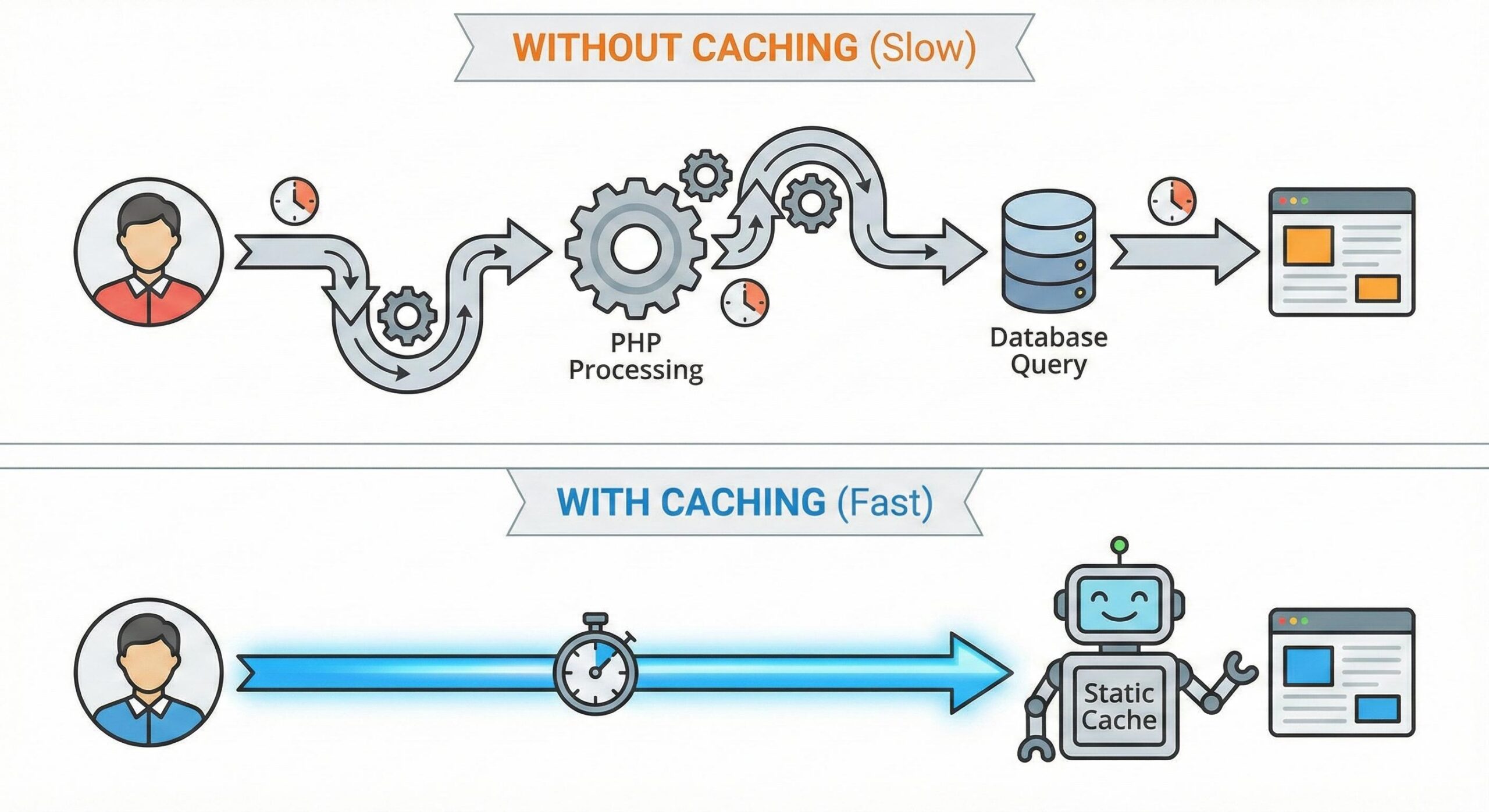 Diagram illustrating the speed difference between uncached dynamic requests and cached static requests.
