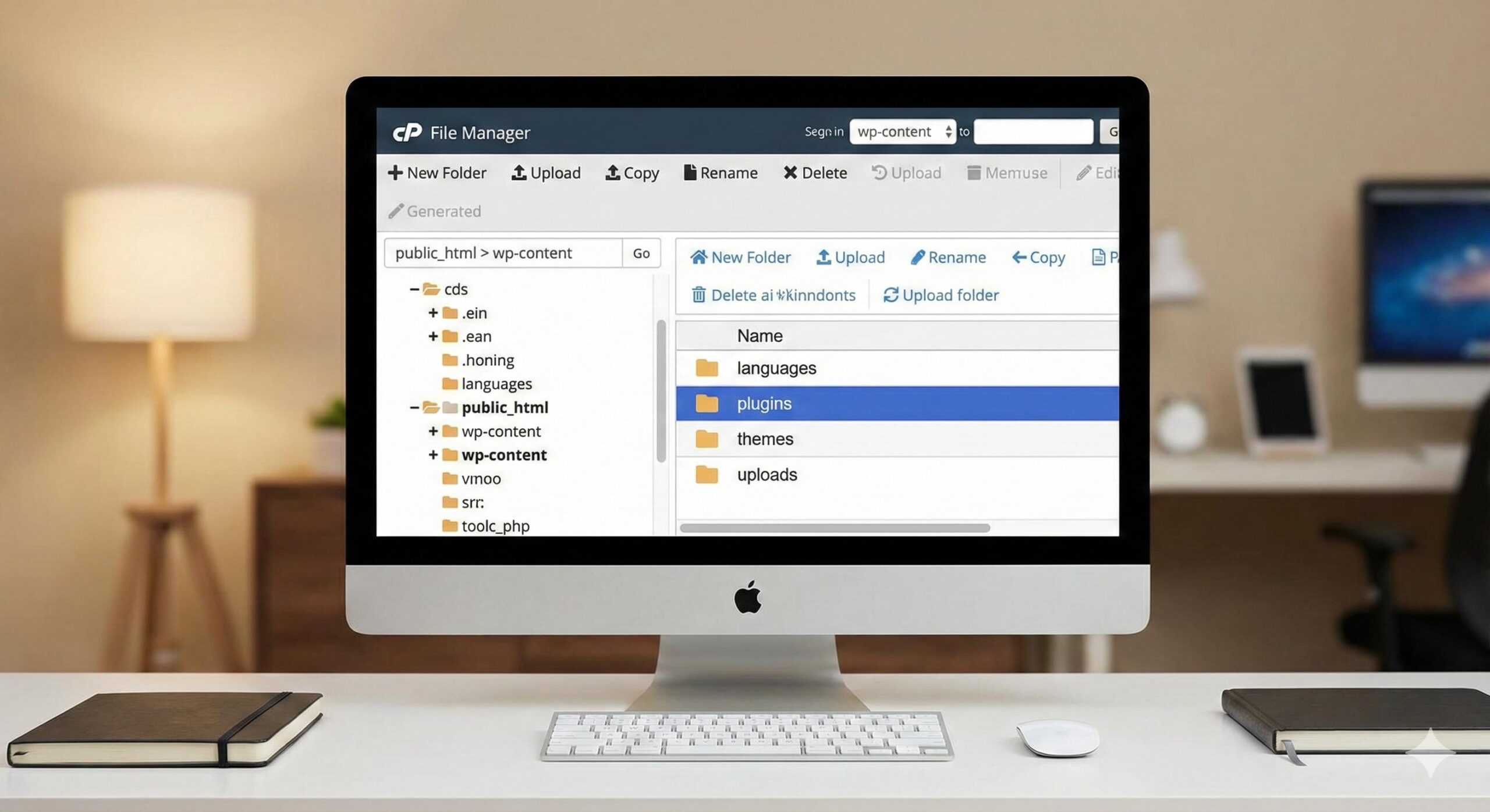 File manager view of wp-content folder for troubleshooting