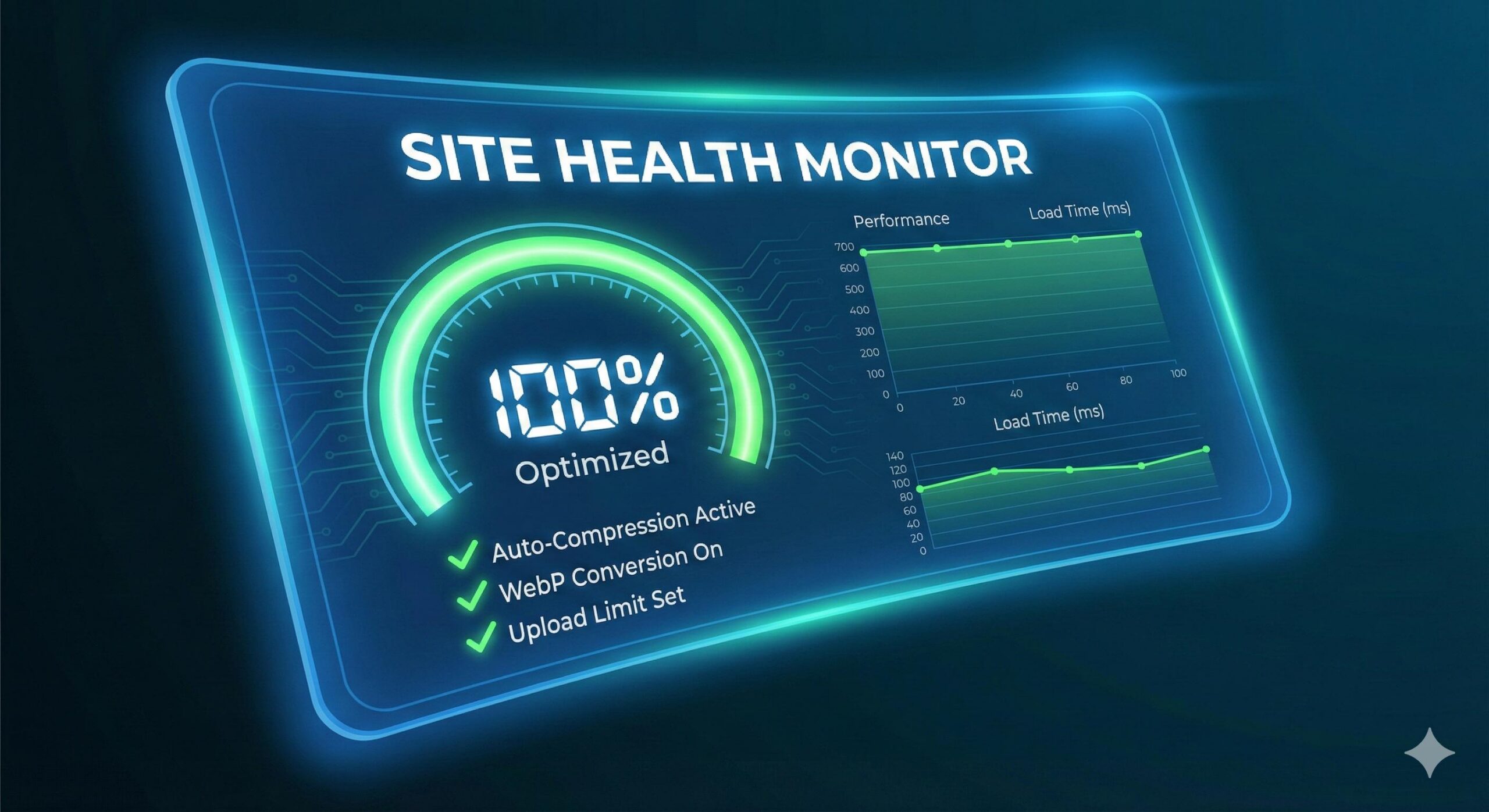 Futuristic digital dashboard titled Site Health Monitor displaying a 100% optimization score with active auto-compression and WebP conversion tools to prevent slow loading.