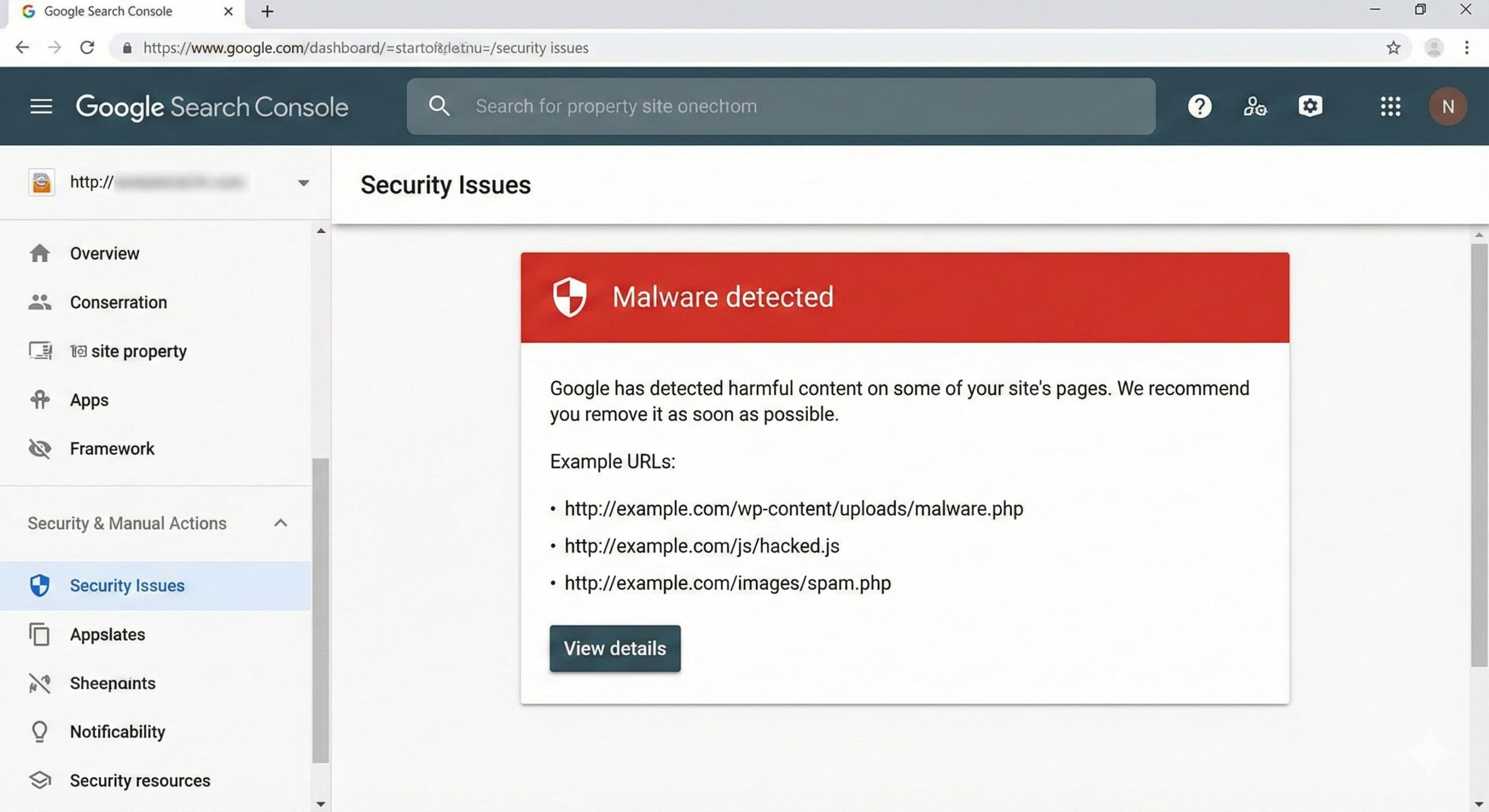 Google Search Console dashboard showing the Security Issues tab with a red malware detected alert for a compromised website.