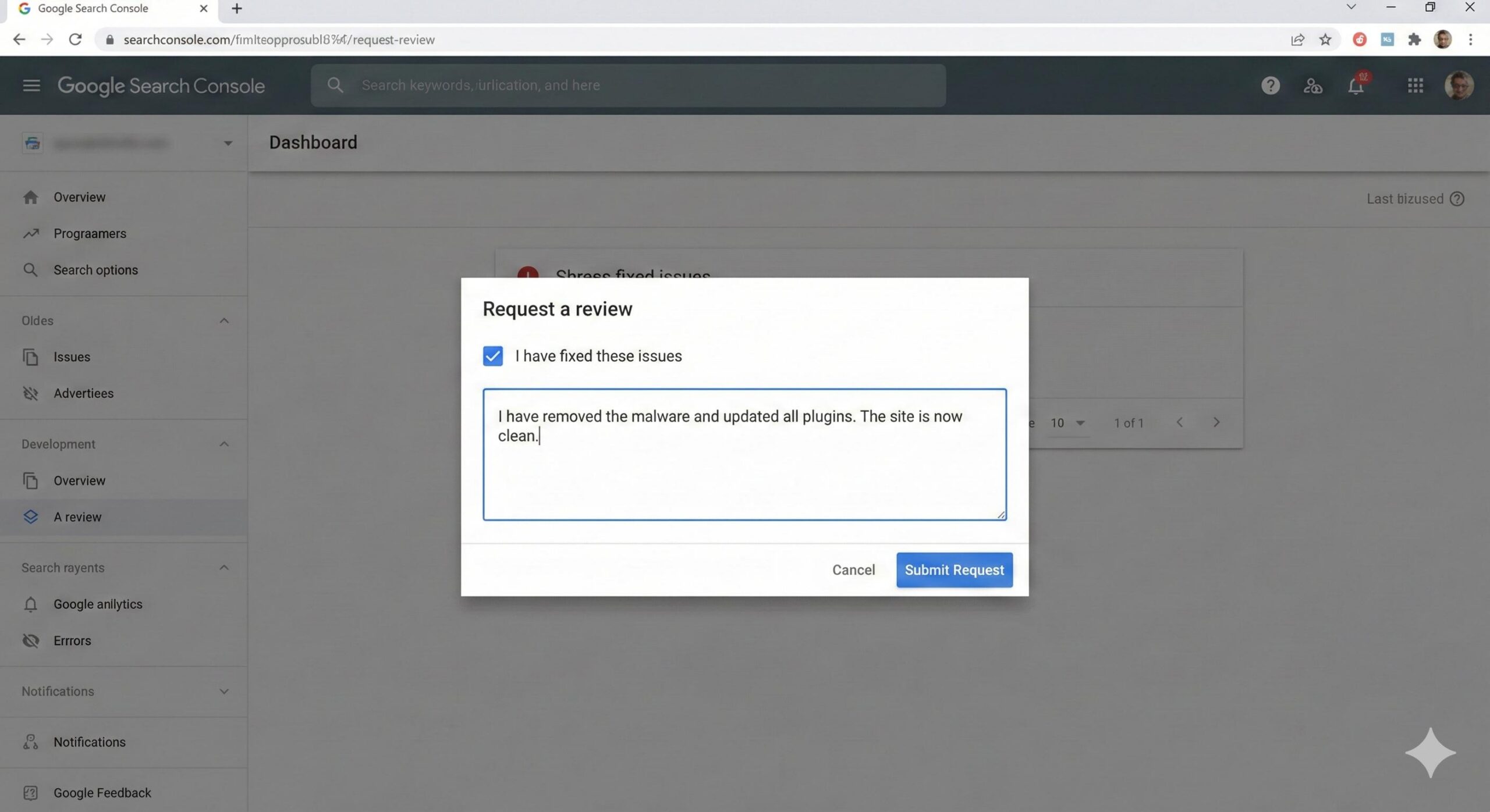 Google Search Console screenshot showing the Request a review pop-up box where a user submits their cleaned site to lift the computer virus site warning.