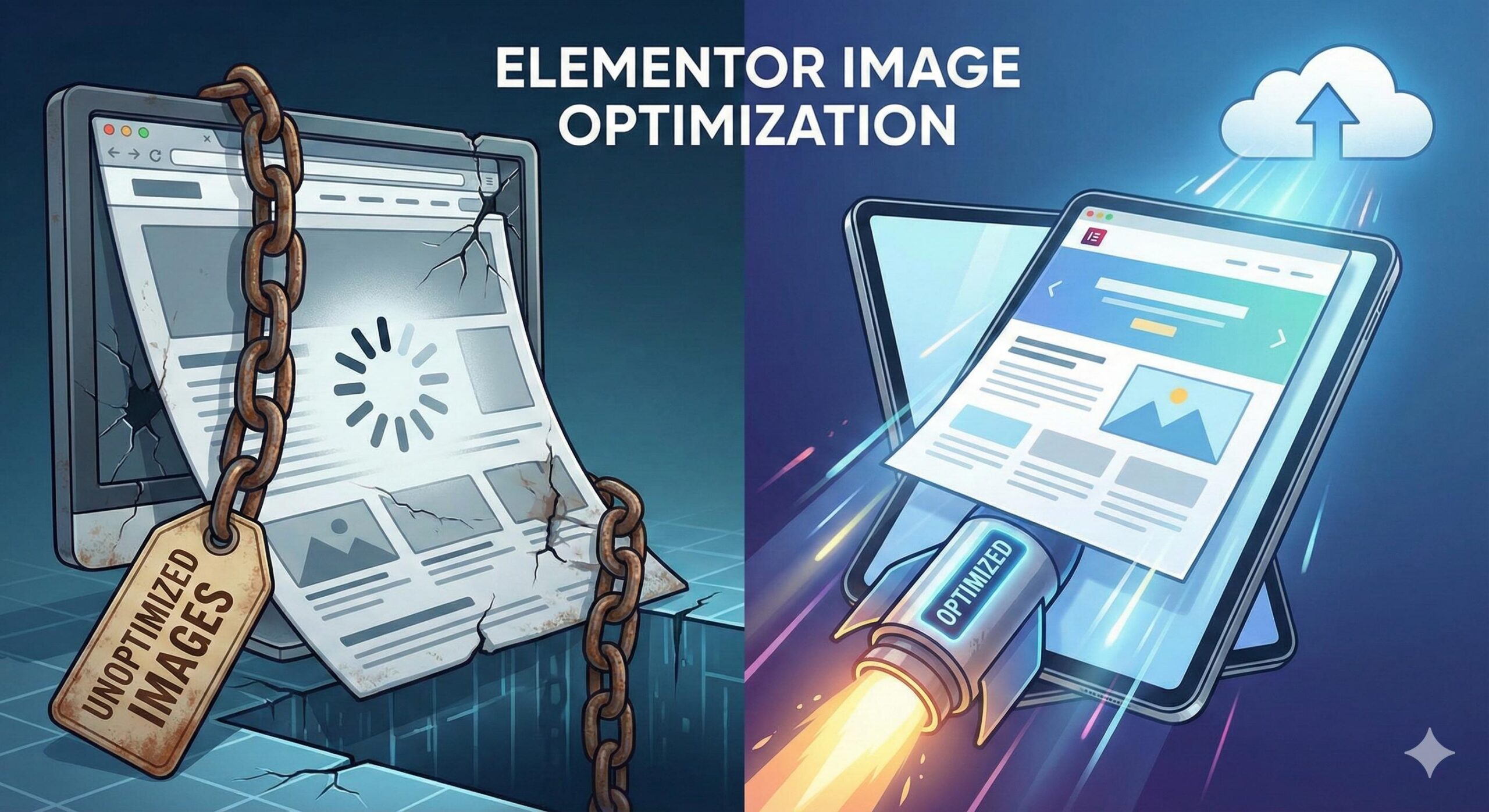 Illustration comparing a slow WordPress site weighed down by large images versus a fast elementor site with optimized media.
