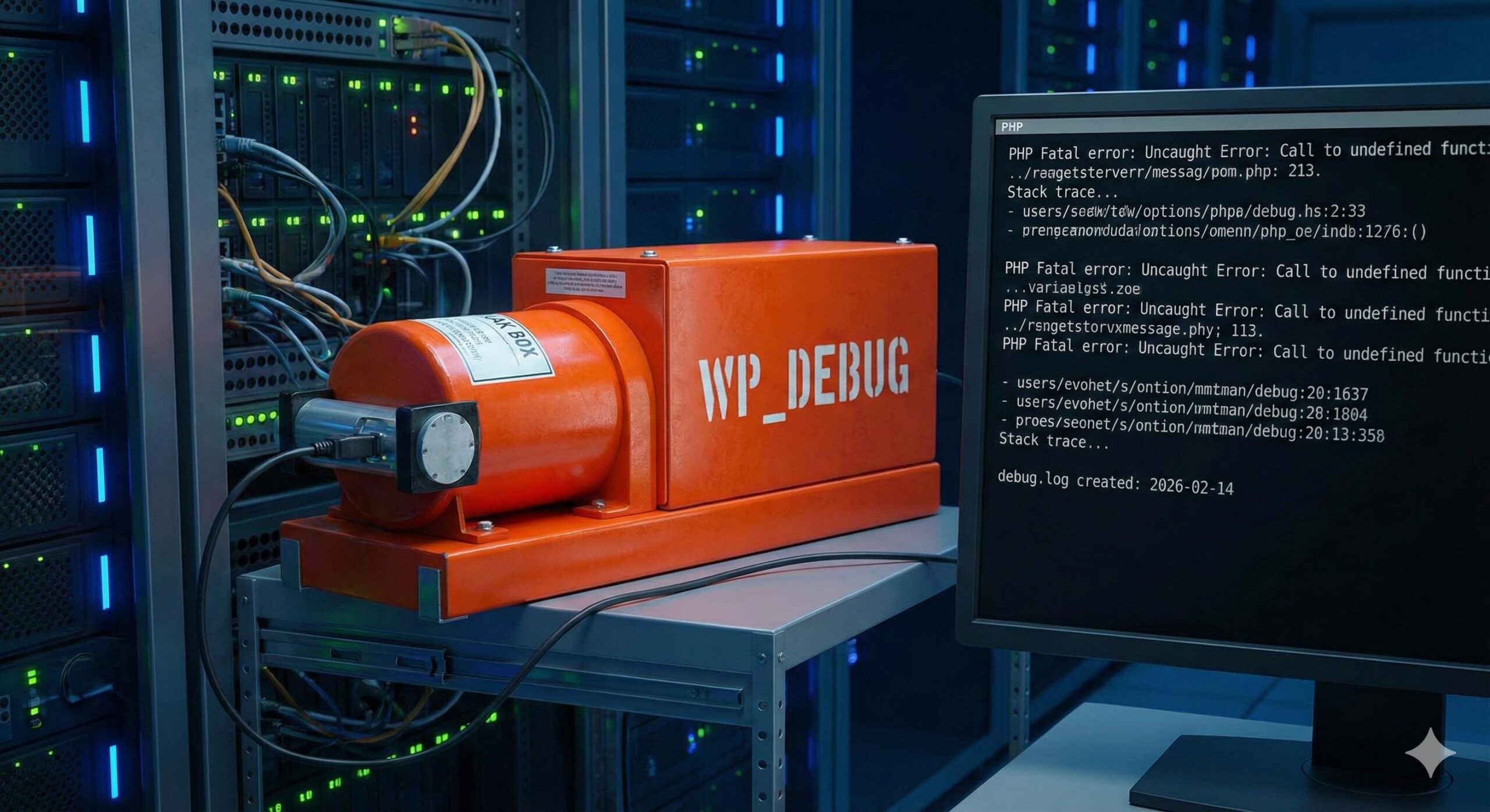 Illustration of WordPress PHP log acting as a flight recorder black box for troubleshooting website crashes