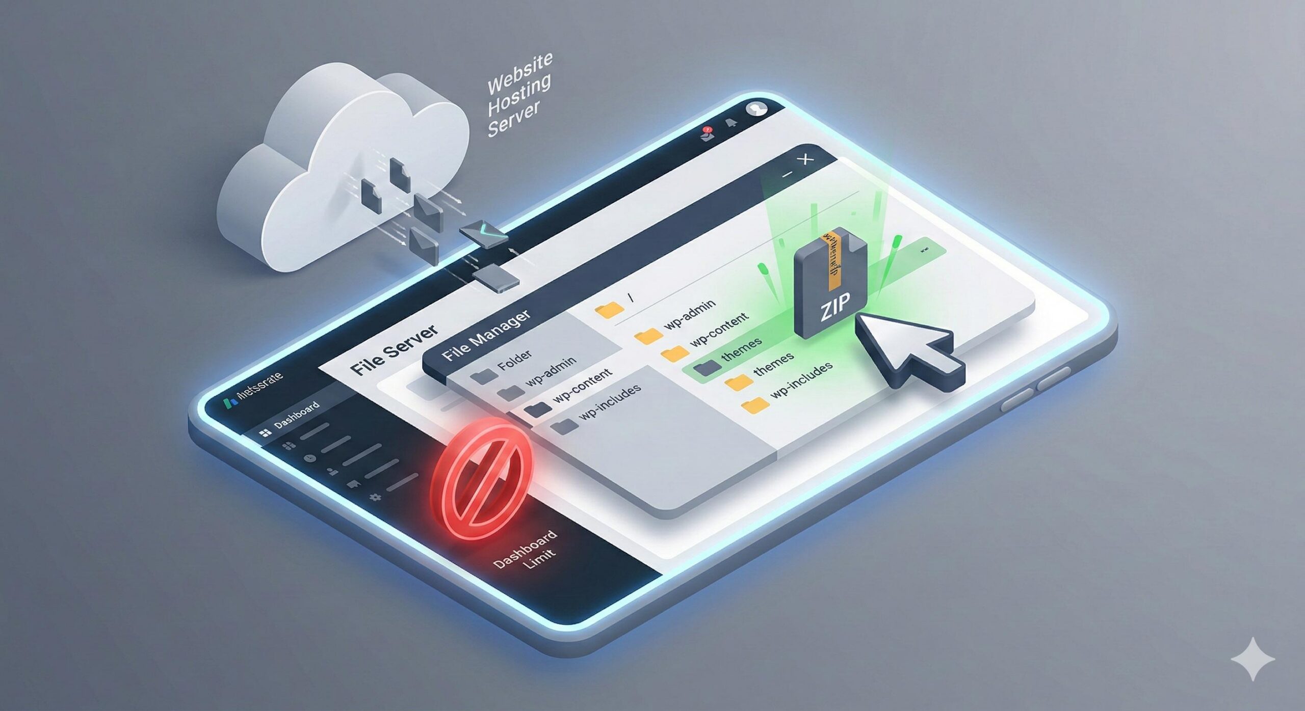 Illustration of a direct file transfer to a website hosting server.
