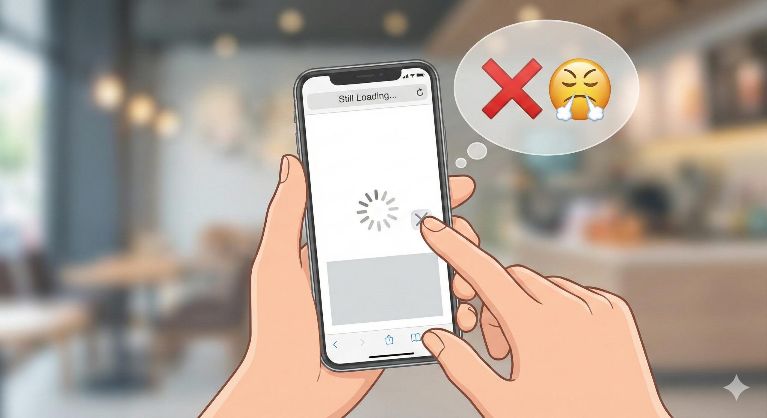 Illustration of a frustrated mobile user abandoning a slow-loading website.