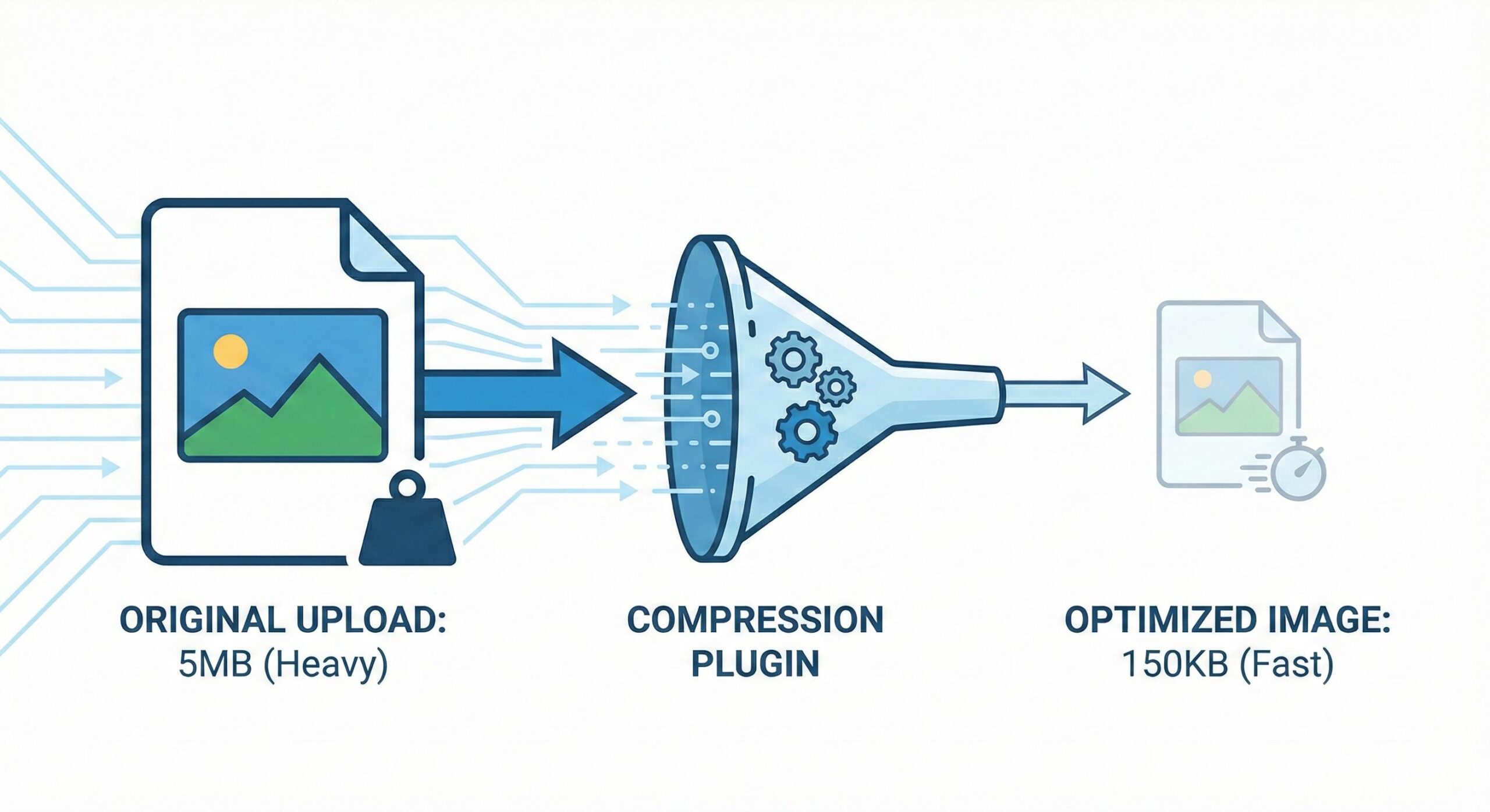 Infographic showing a large image file being compressed into a smaller file size by a plugin.