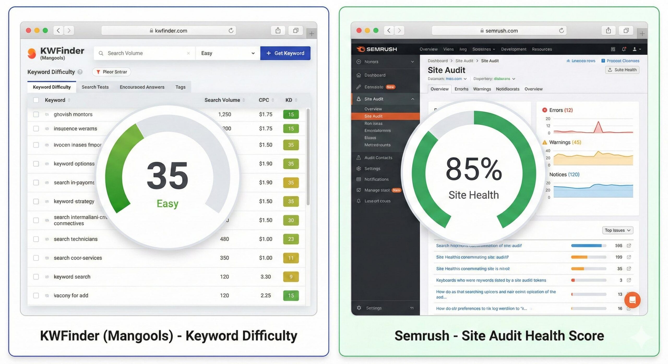 Interface comparison of KWFinder keyword metrics and Semrush site audit health score.