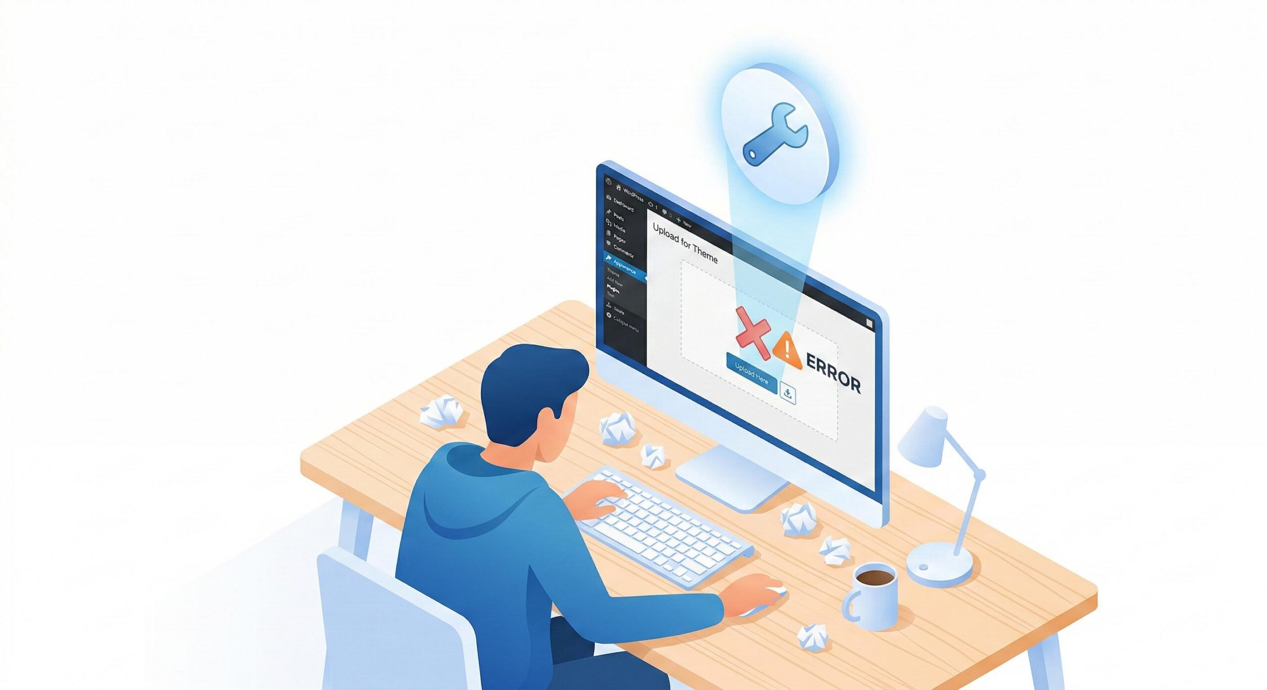 Isometric illustration of a user facing a WordPress upload error.