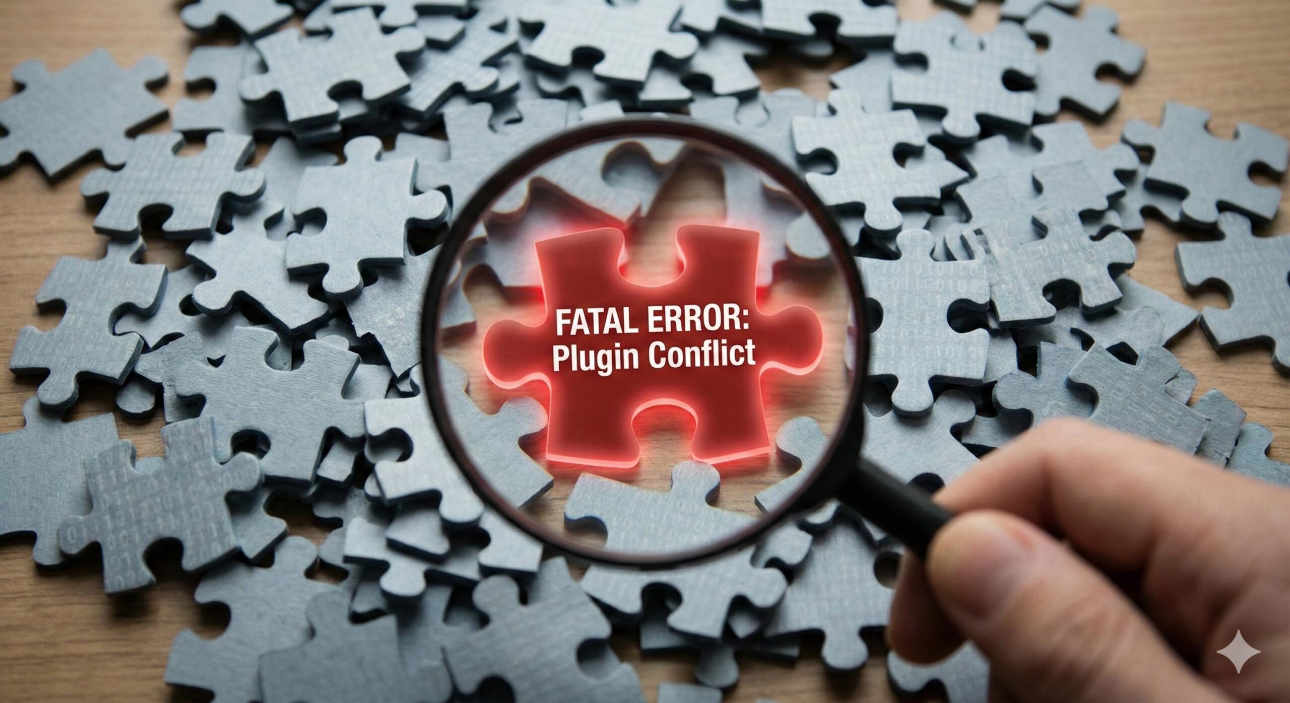 Magnifying glass finding a specific fatal error in a WordPress debug log file amidst complex code