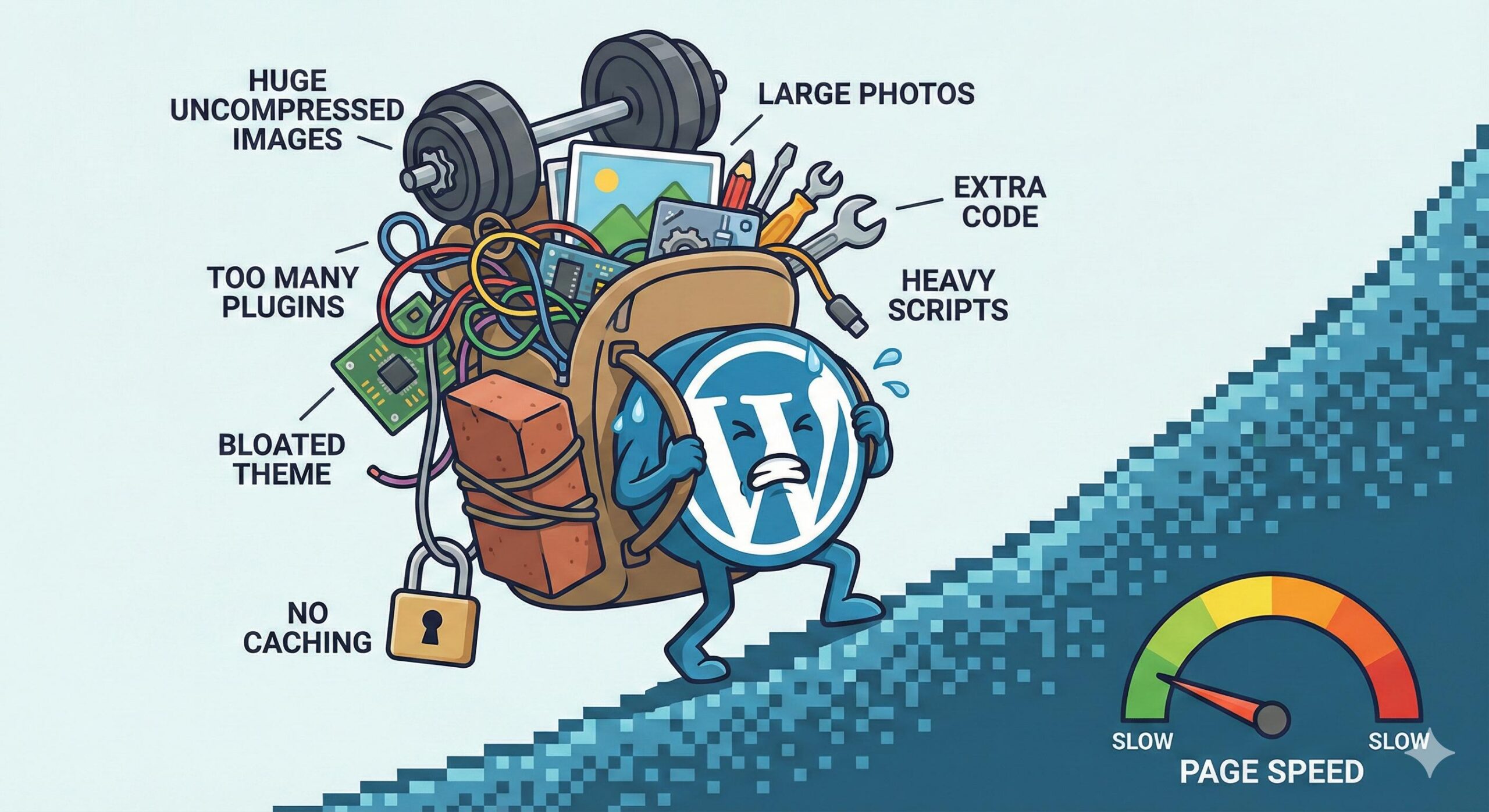 Metaphorical illustration of WordPress being weighed down by large images and too many plugins.