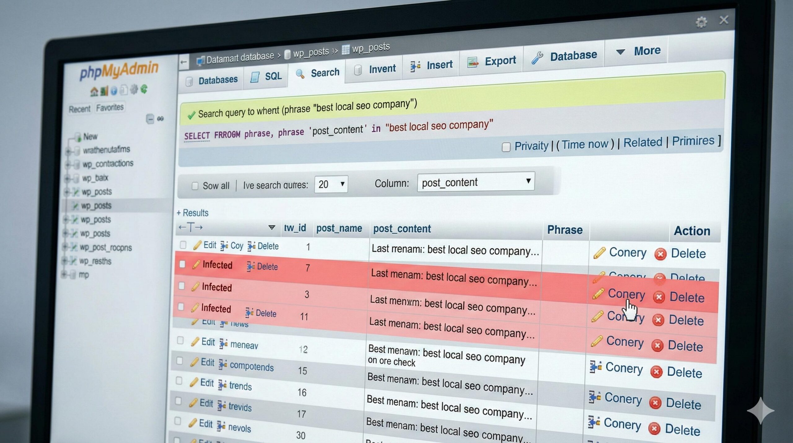 SQL search result in phpMyAdmin identifying infected rows in a WordPress database.