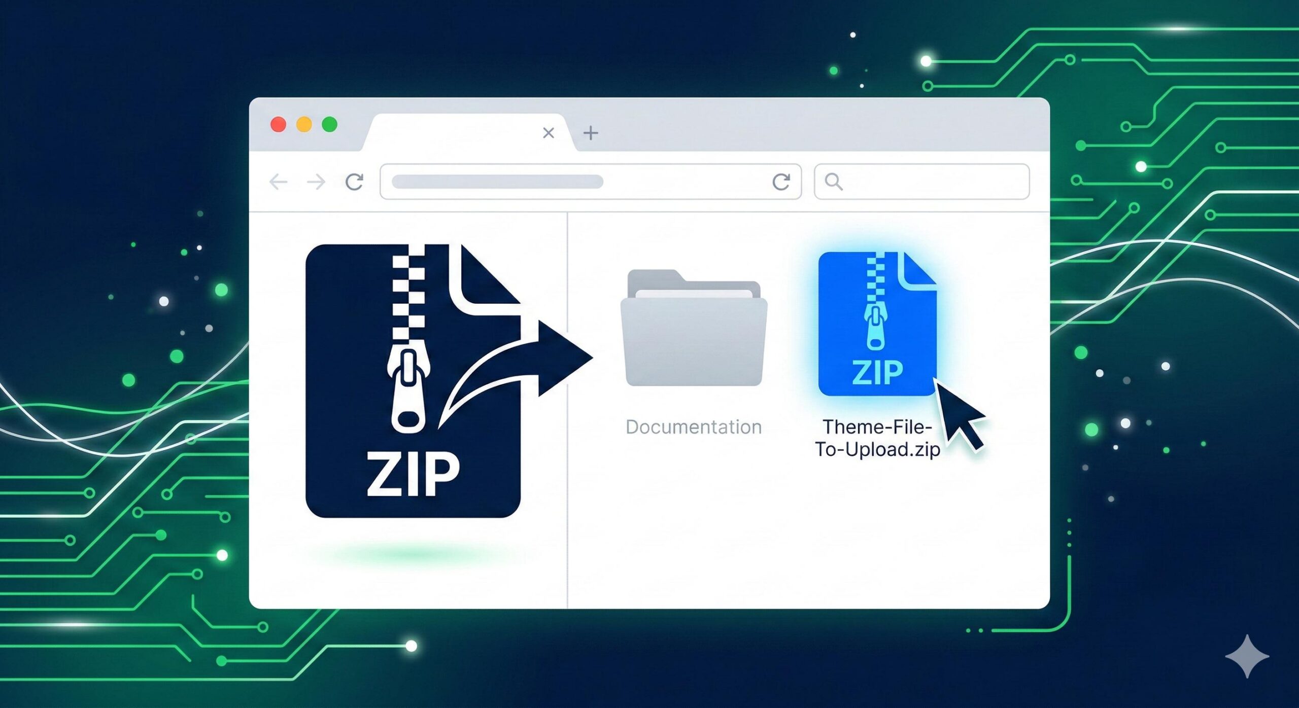Visual guide showing a ZIP file being extracted on a computer.