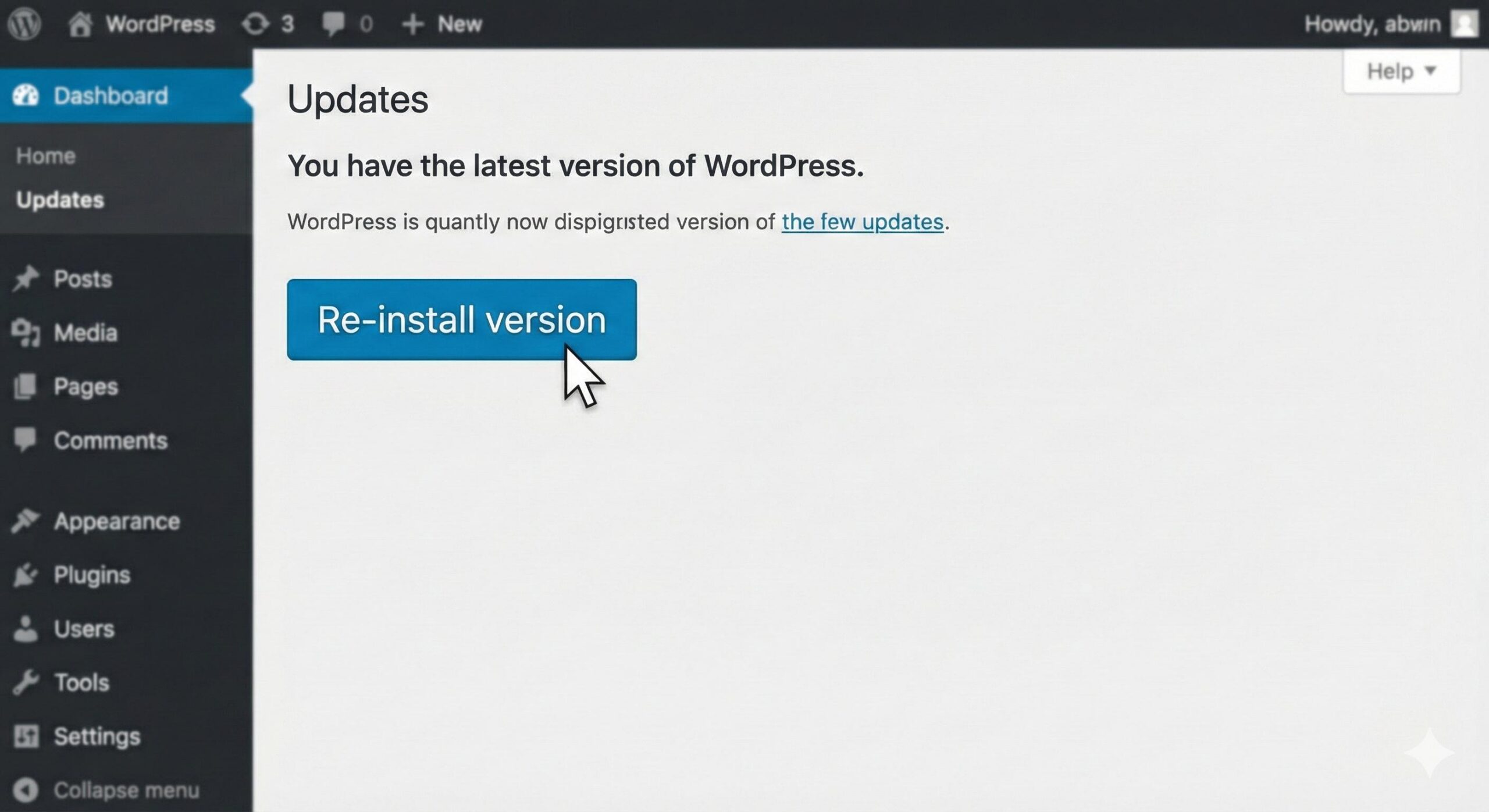 WordPress Updates dashboard screen showing the blue Re-install version button used to safely overwrite core files and remove malware.