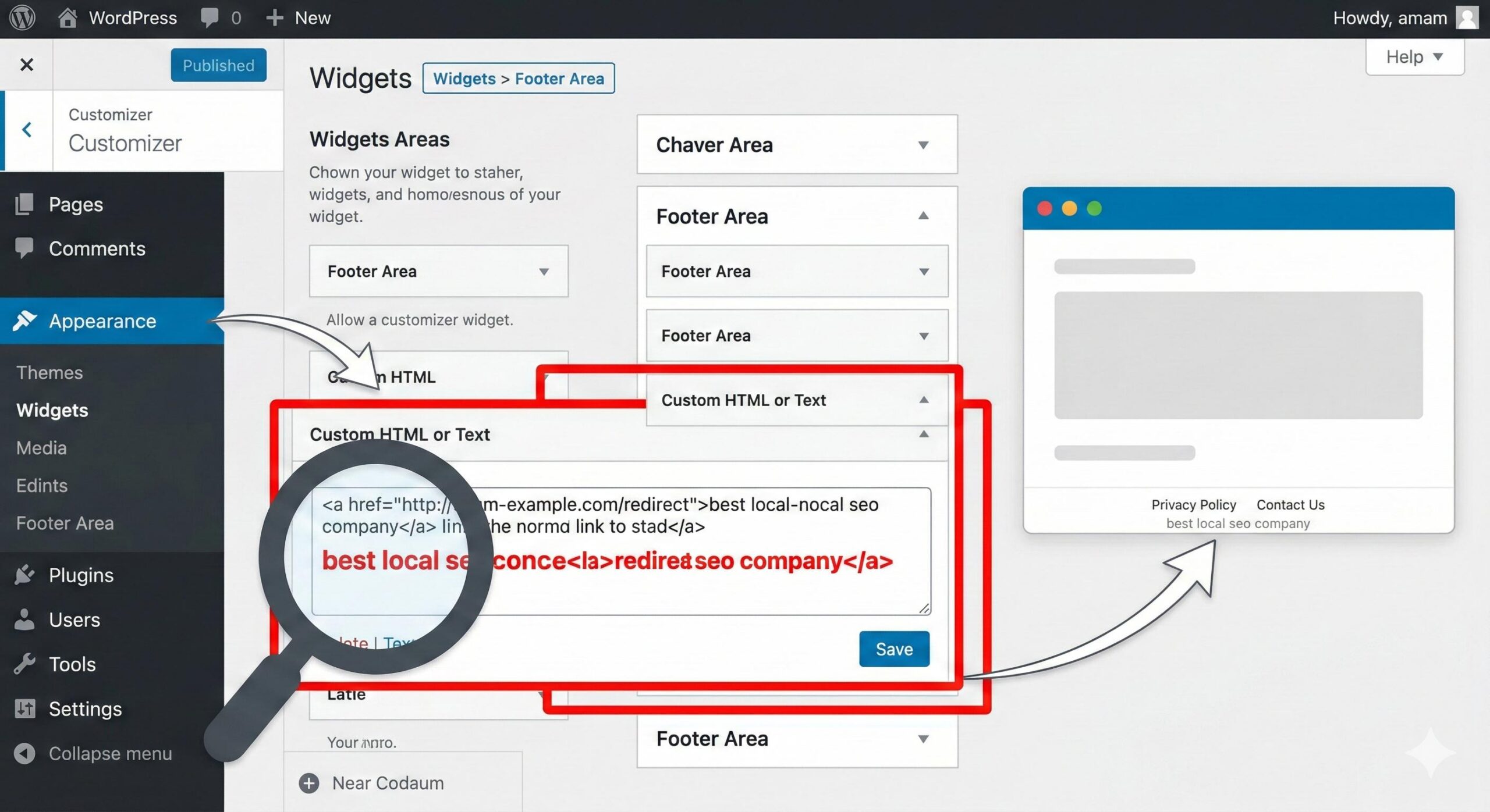 WordPress customizer screen showing hidden SEO spam links in footer widgets.