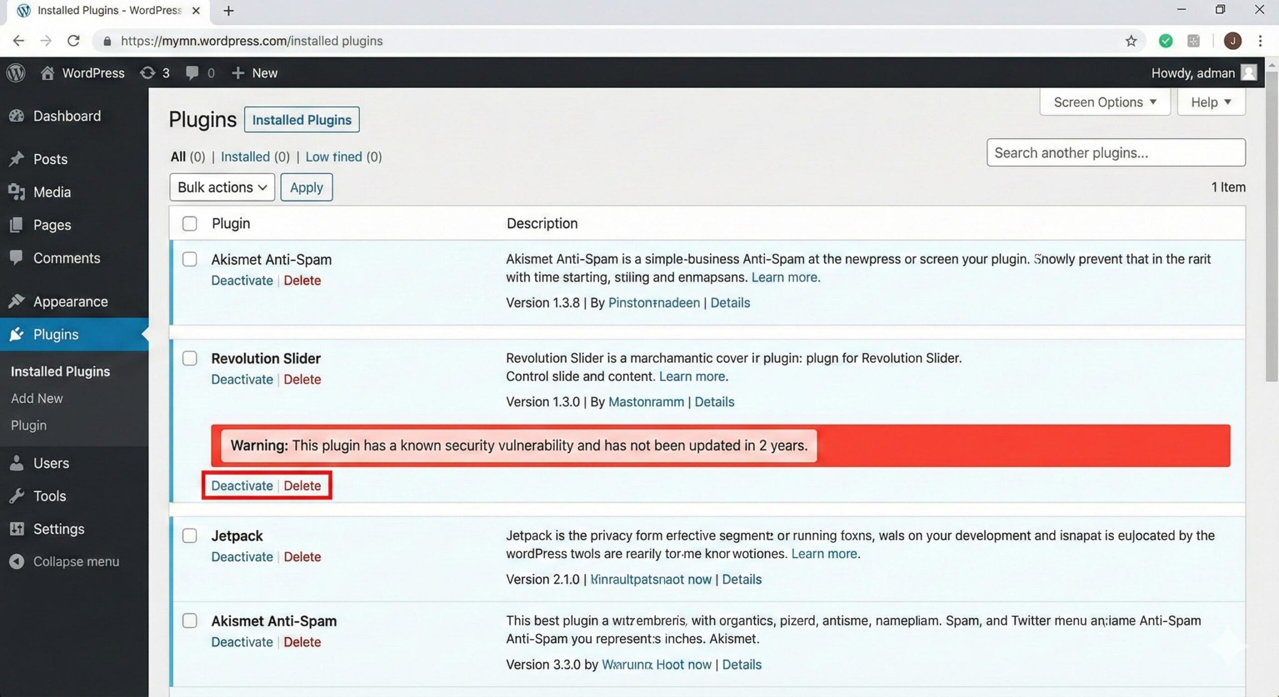 WordPress plugins dashboard screenshot highlighting an outdated plugin with a red security warning banner, a common cause for the computer virus site alert.