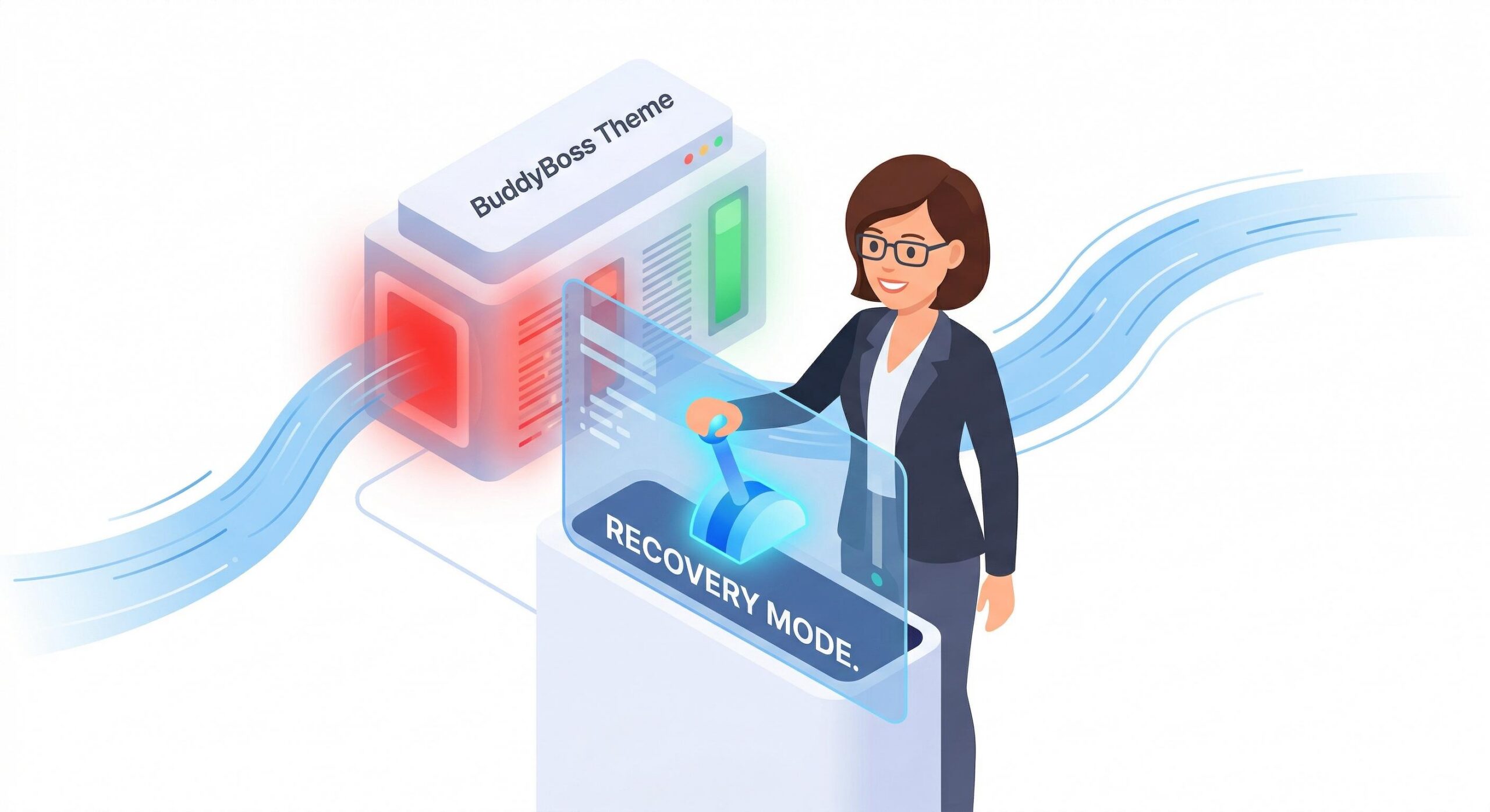 A WordPress administrator pulling a blue lever to activate Recovery Mode on a crashed site.