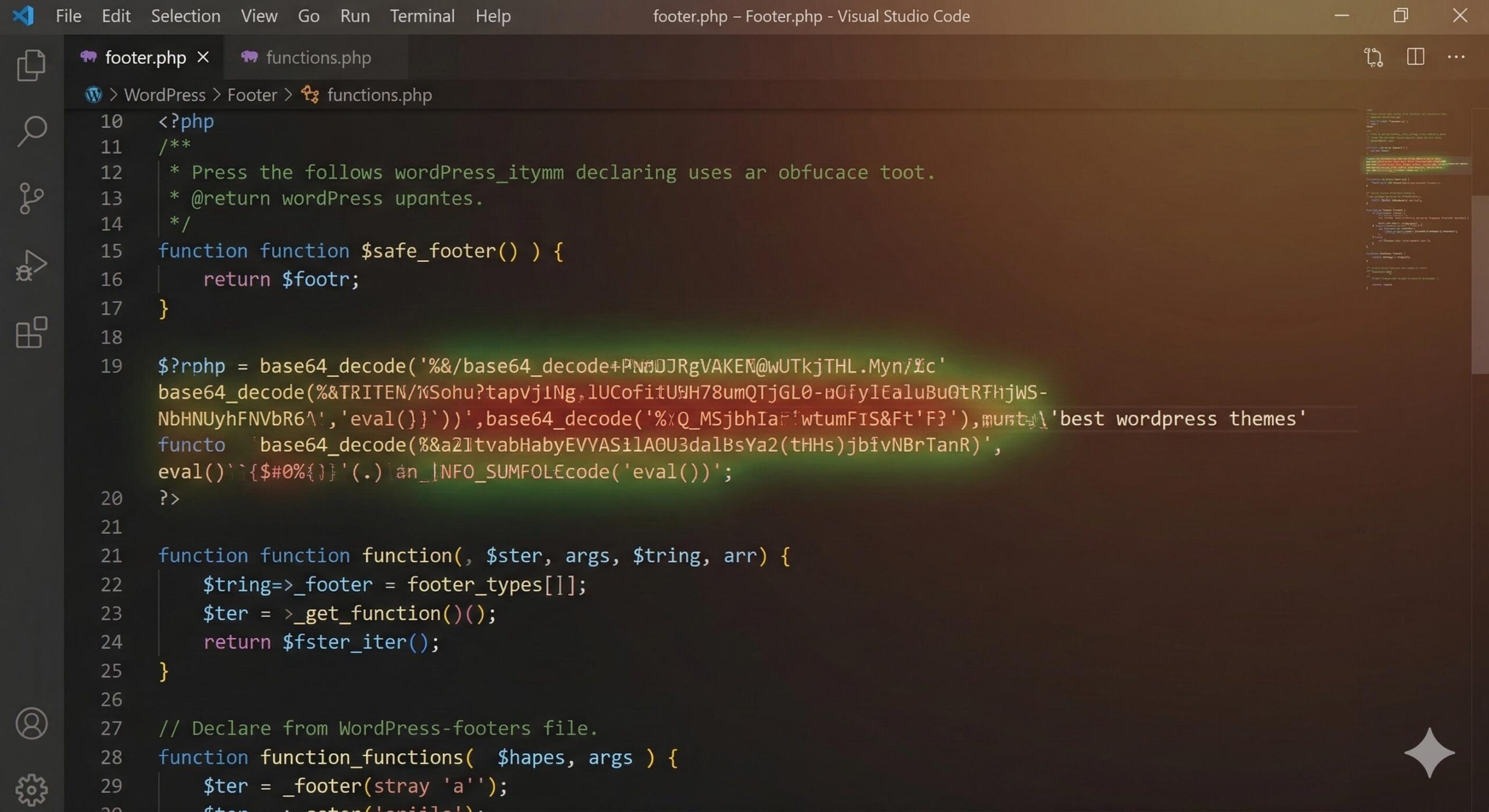 A close-up view of PHP code in a text editor, highlighting a block of malicious base64 encoded script.