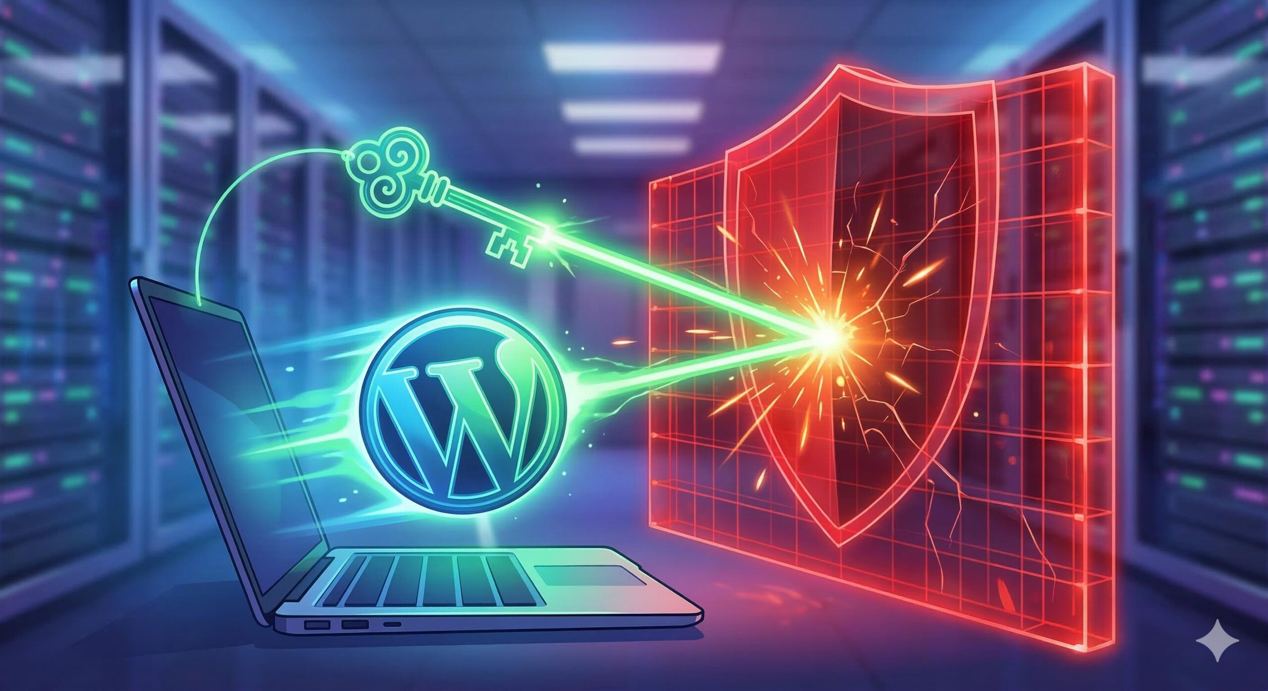 A digital illustration of a glowing WordPress logo breaking through a red security shield barrier.
