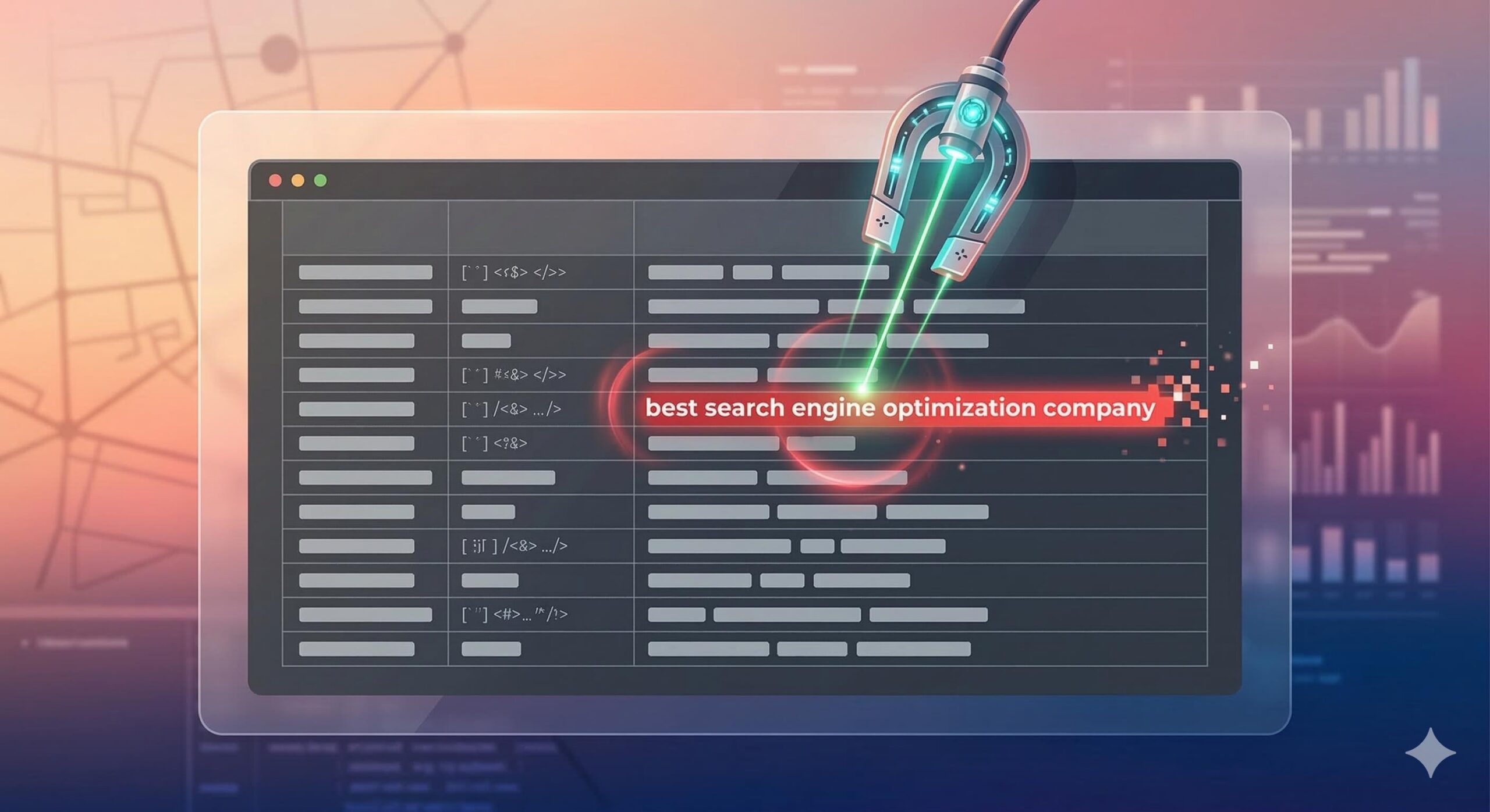 A digital magnet precisely removing a red 'best search engine optimization company' data string from a gray database log.