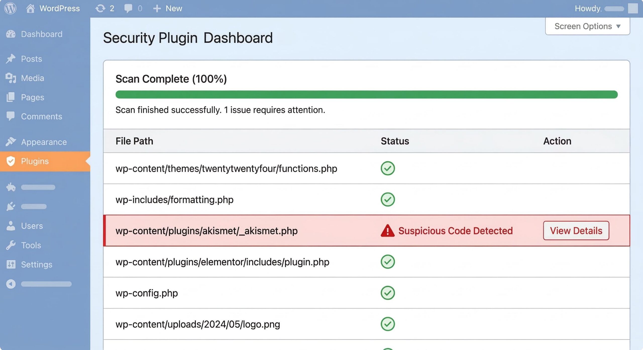 A digital mockup of a WordPress security scan in progress, showing a specific file flagged as suspicious.