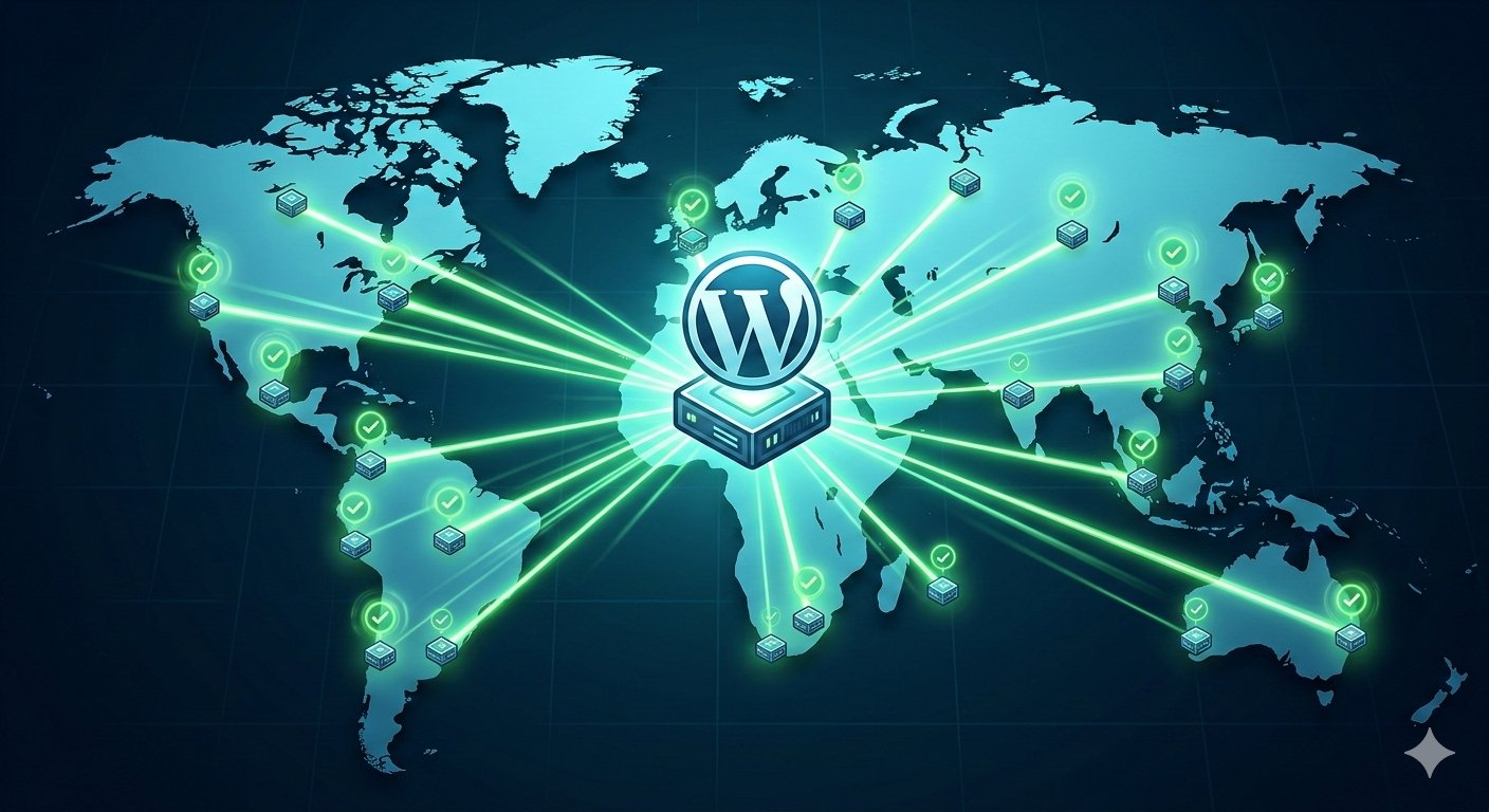 A global network map showing data radiating from a central server to multiple CDN nodes.