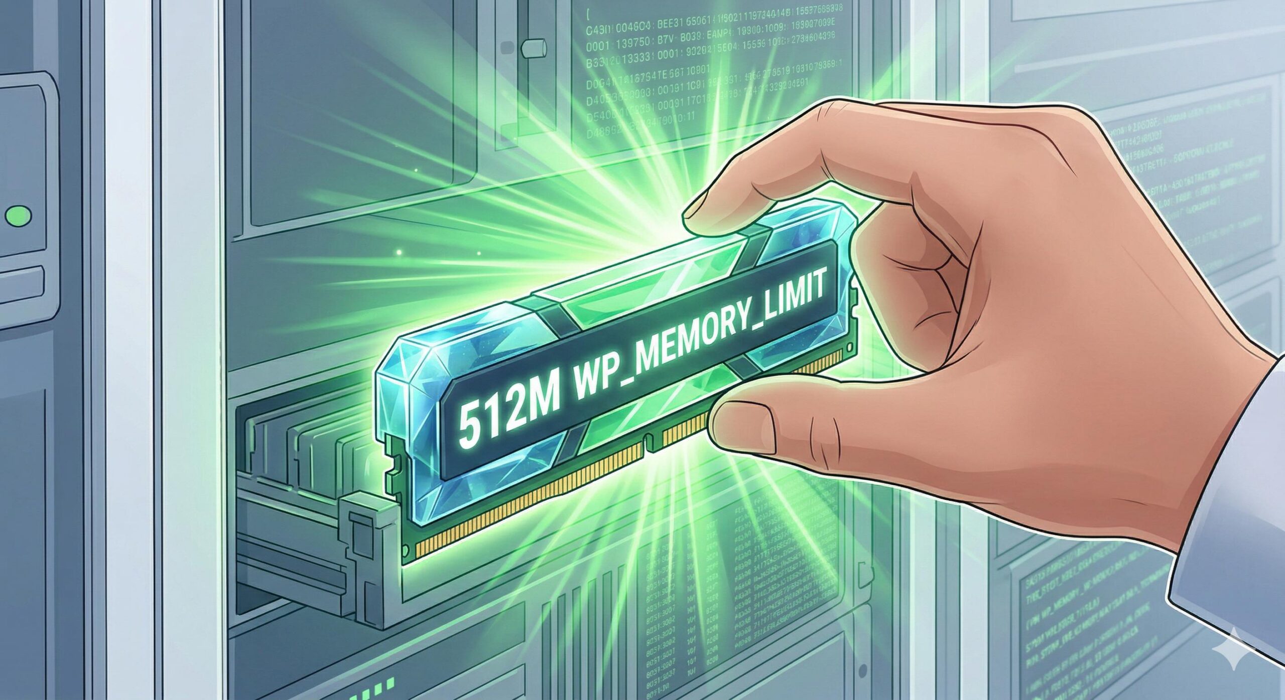 A hand inserting a 512M memory boost into a WordPress server rack.