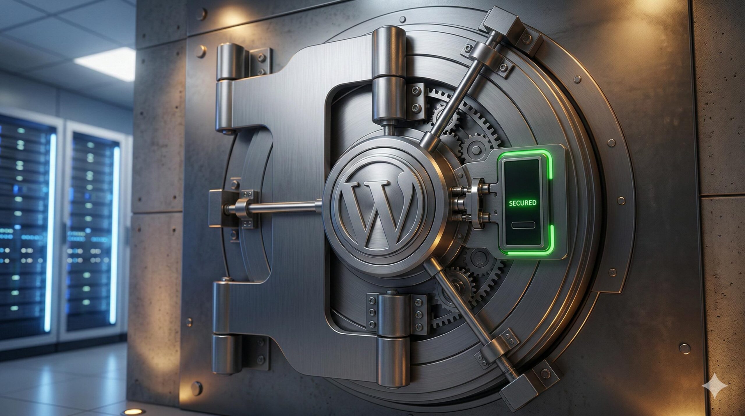 A heavy metallic vault door with an embossed WordPress logo, symbolizing maximum security.