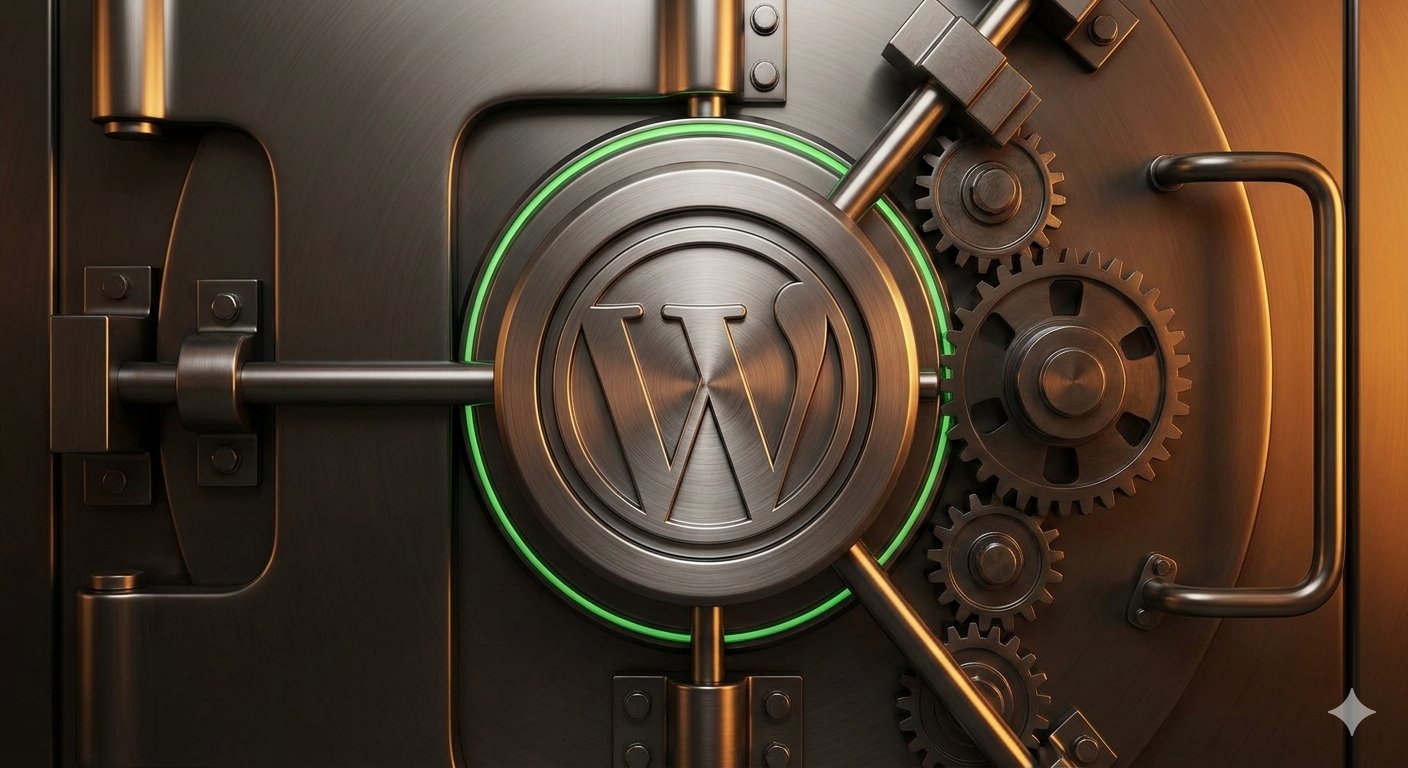 A heavy metallic vault door with an embossed WordPress logo, symbolizing site hardening. - Copy - Copy