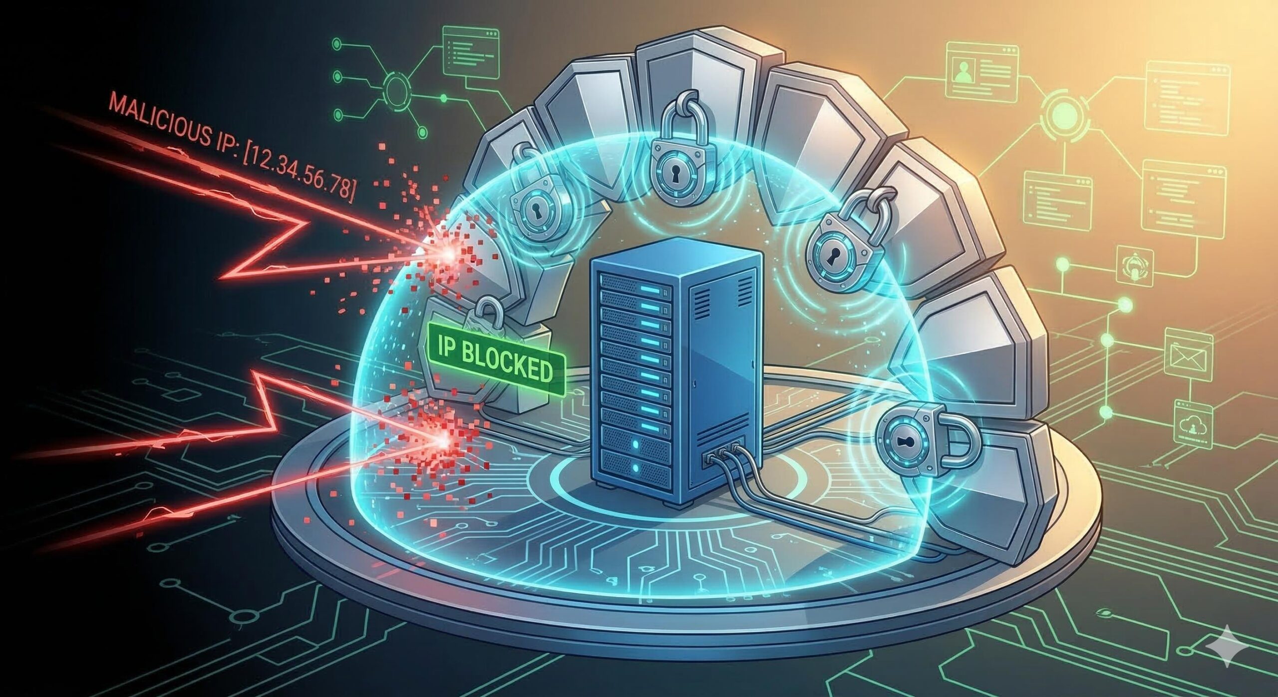 A heavy silver gate generating a powerful force field wall that deflects jagged red data beams originating from a suspicious IP address.