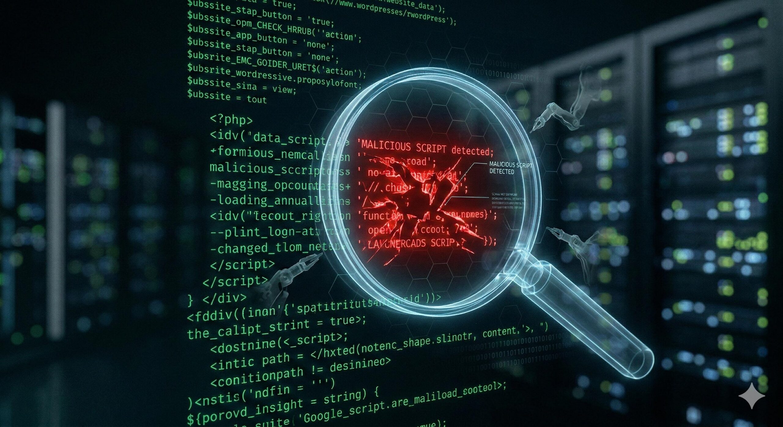 A magnifying glass highlighting malicious red code among lines of safe green code.