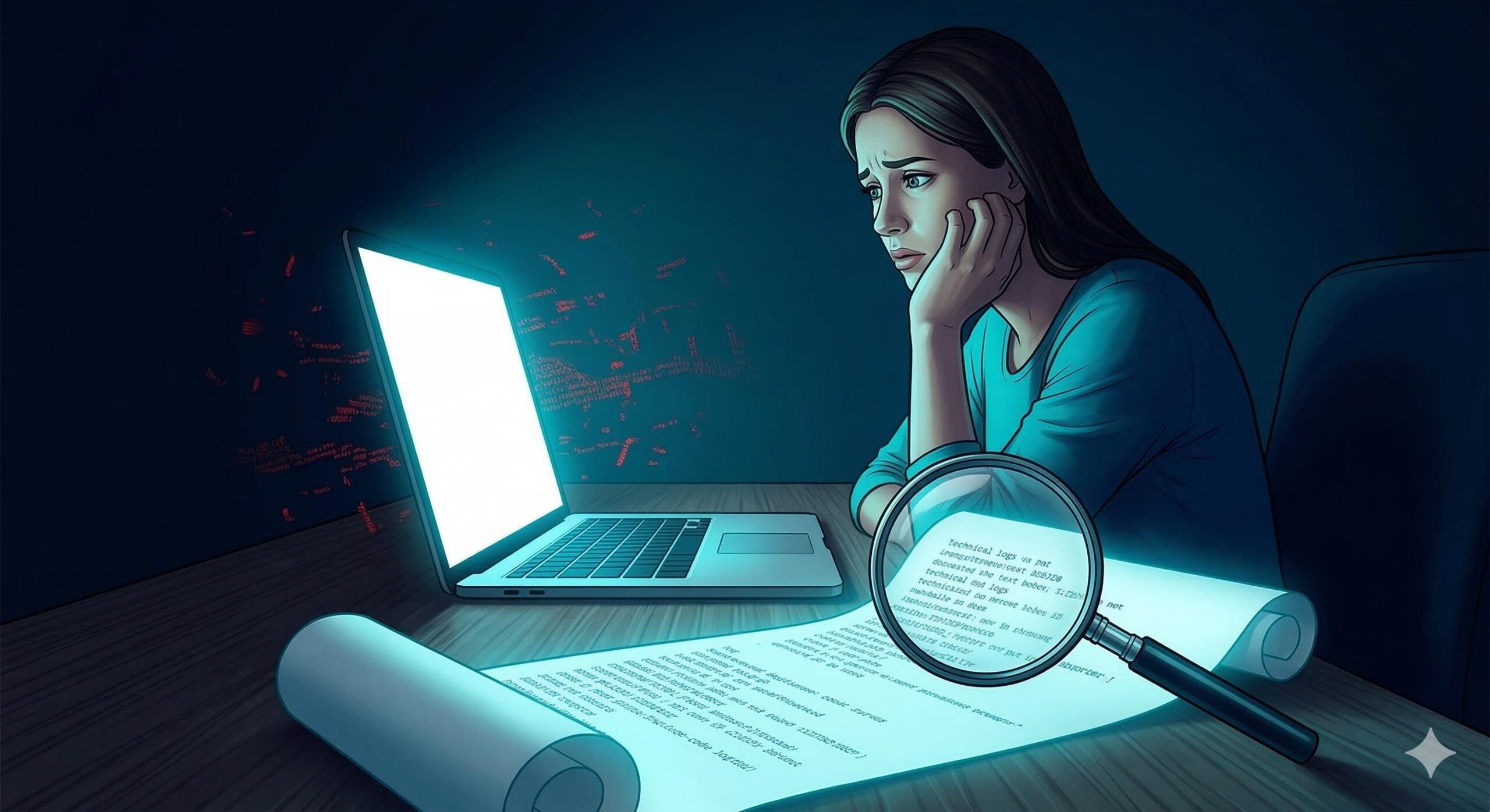 A magnifying glass illuminating a cyan glowing stream of text (the server error log) in front of a crashed laptop with a worried blogger.