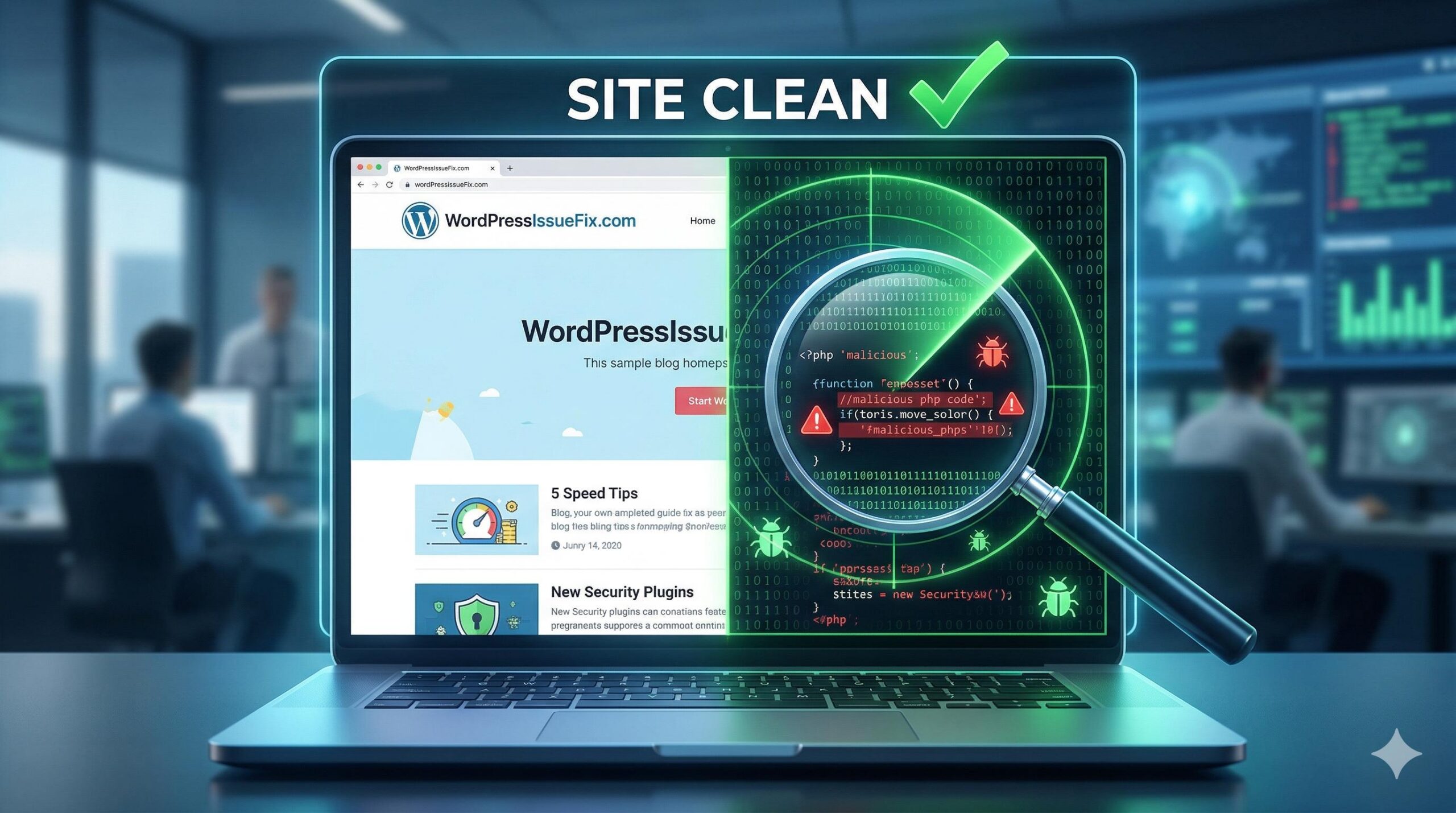 A magnifying glass scanning a WordPress website for hidden malware code.