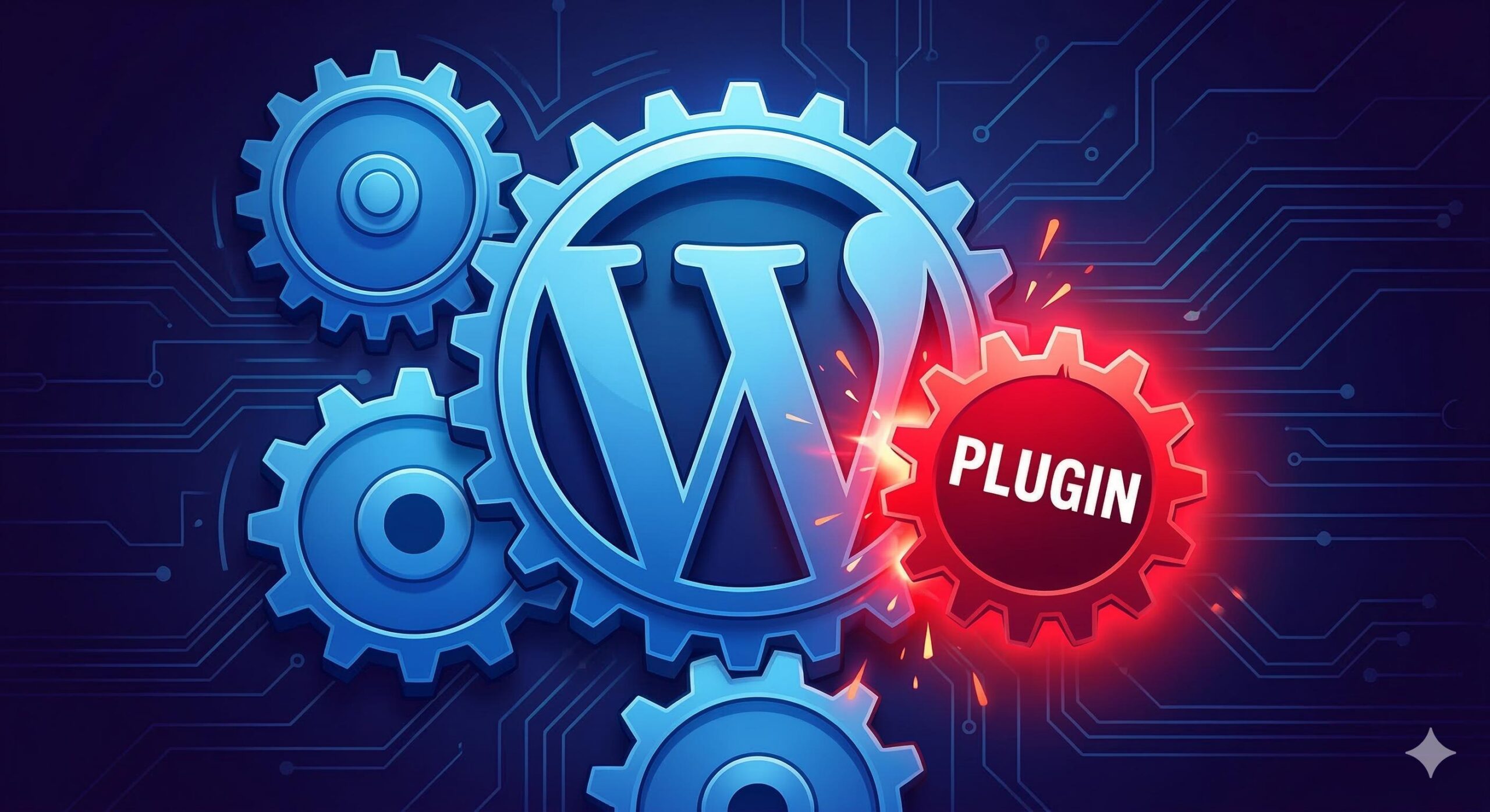 A metaphorical visual of a mismatched red gear (plugin) jamming a complex machine made of smooth blue gears.