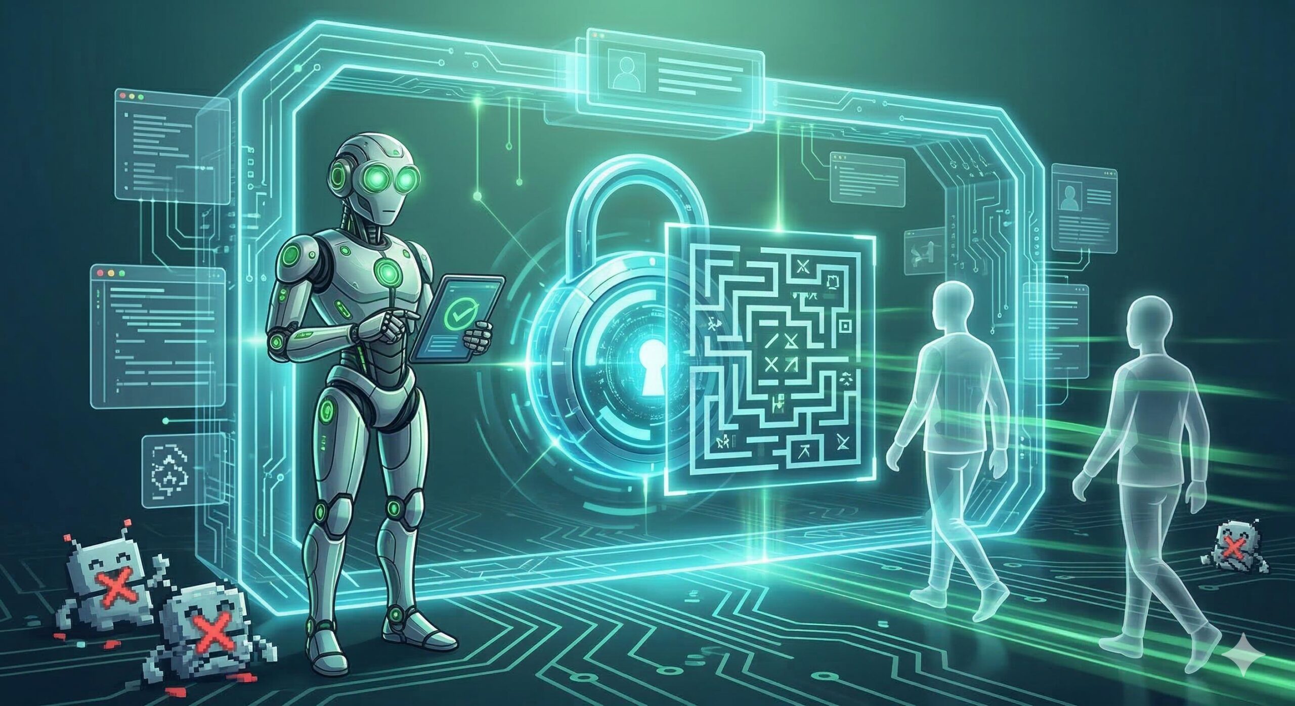 A modern robotic bouncer guarding a locked digital gate, visualizing a complex puzzle check that only human users can pass.