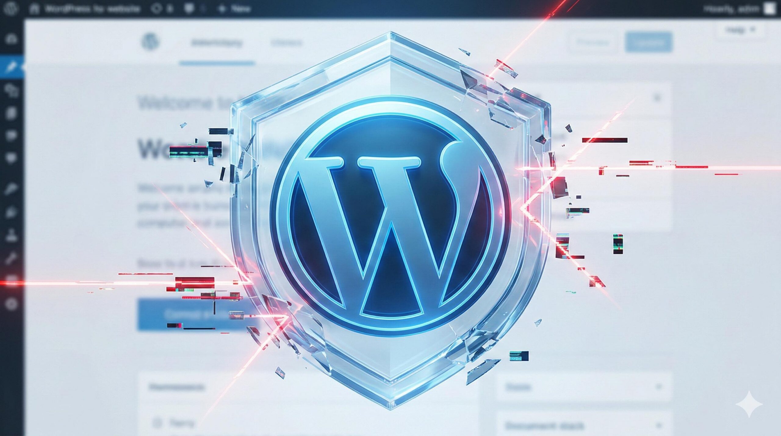A protected WordPress logo defended against red virus glitches.