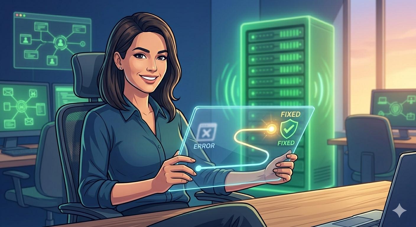 A relaxed blogger looking at a clear roadmap marked 'FIXED' for her WordPress site