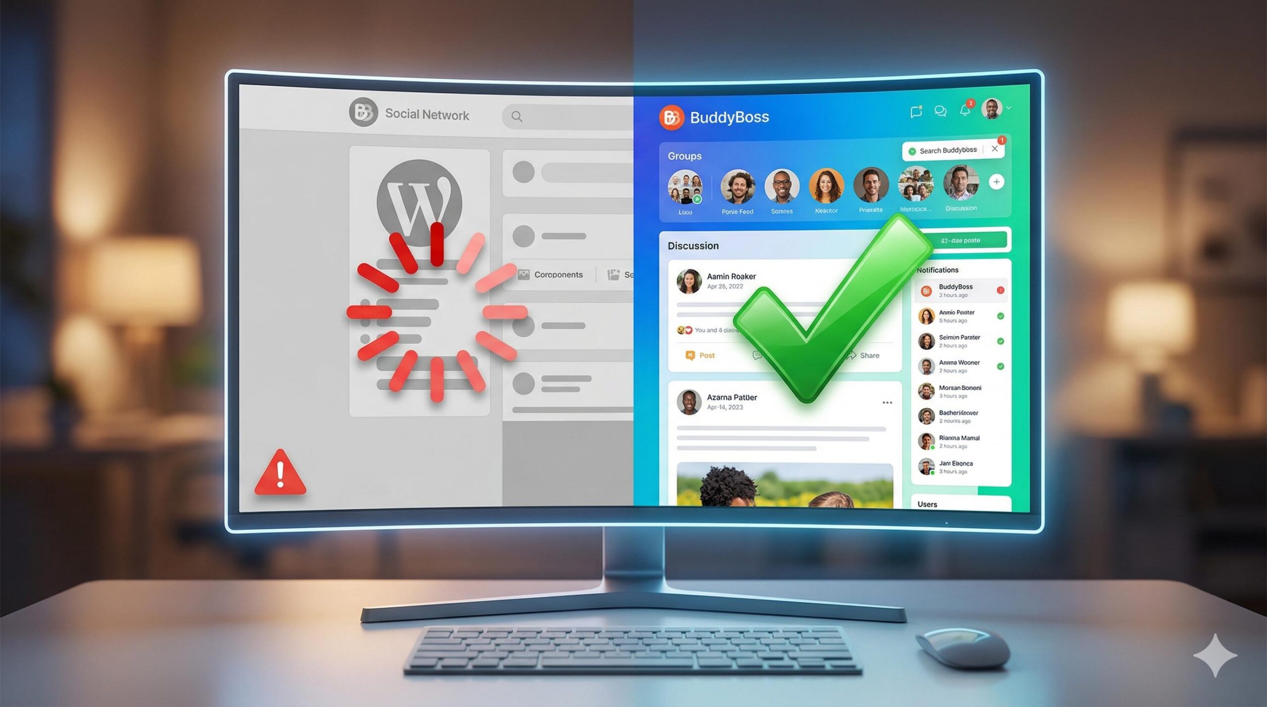 A split monitor showing a crashed WordPress site turning into an active BuddyBoss community.