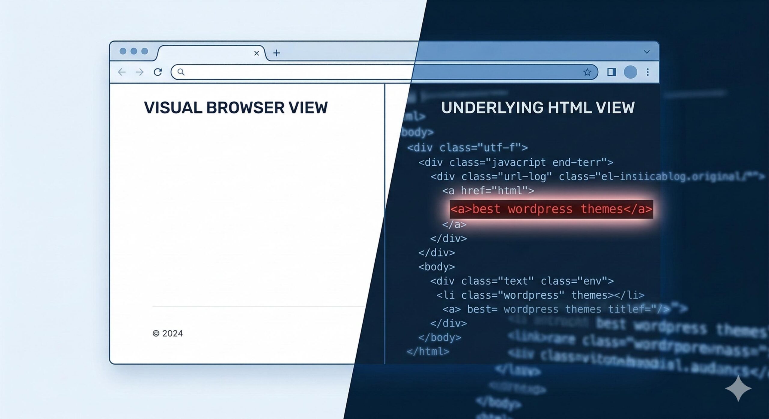 A split screen showing a clean visual browser view on the left and the hidden 'best wordpress themes' HTML code view on the right.