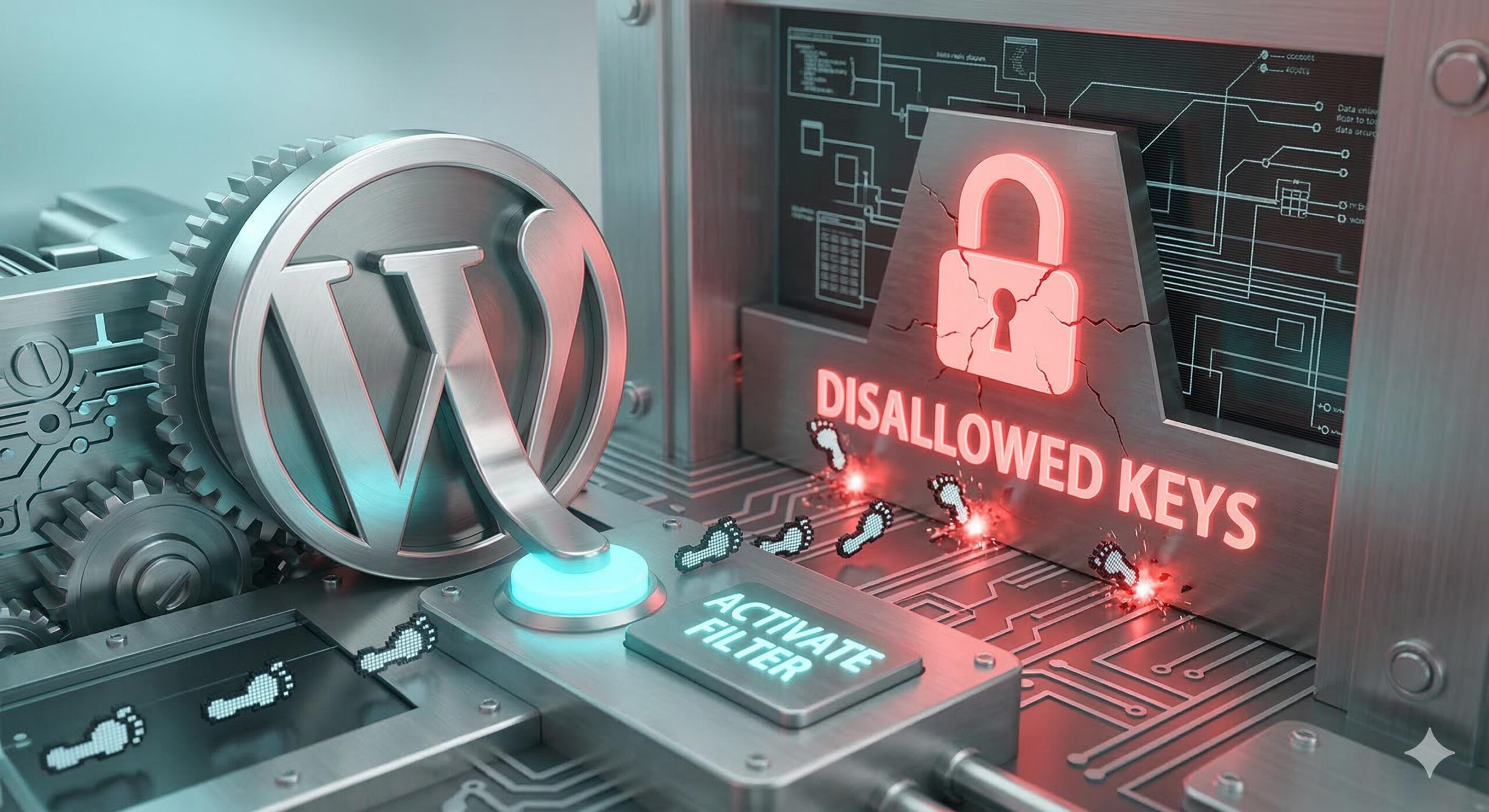 A stylized WordPress filter machine activating a 'Disallowed Keys' wall to block jagged red data streams labeled with the spam phrase.