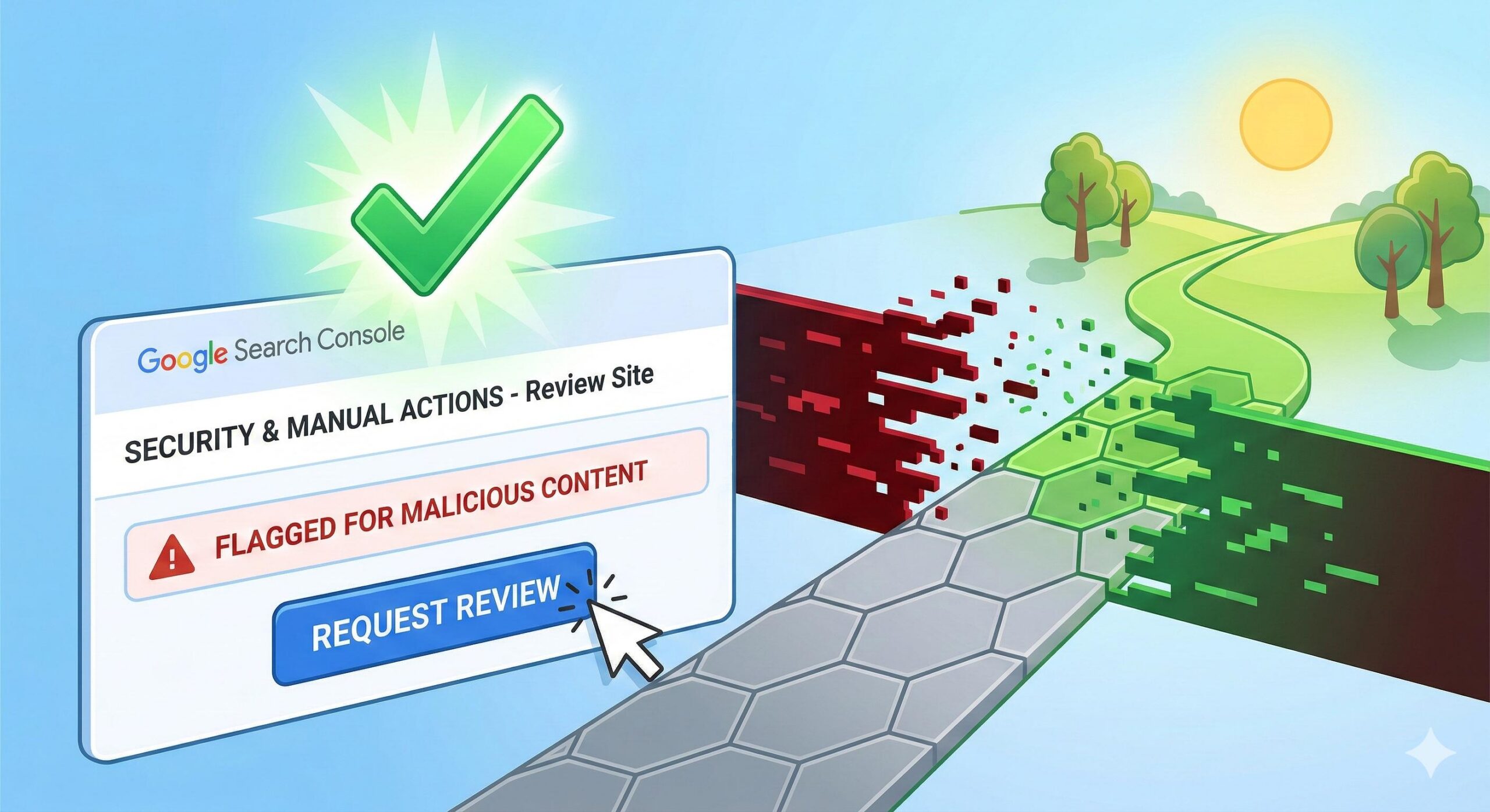 A successful security review submission, leading to a green pathway toward an open landscape.